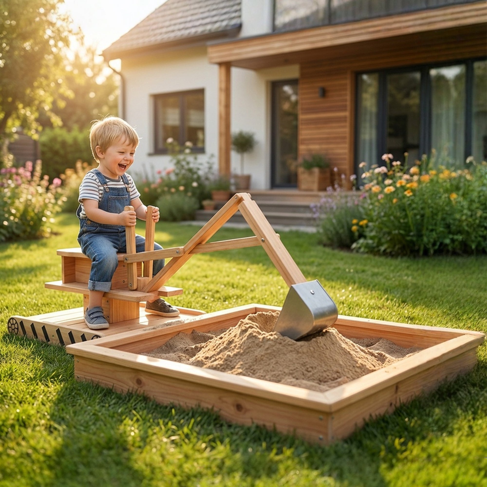 Wooden Sandbox with Digger, Kids Sandbox with 360° Rotating Seat & Bottom Liner, 72" x 35" x 22"