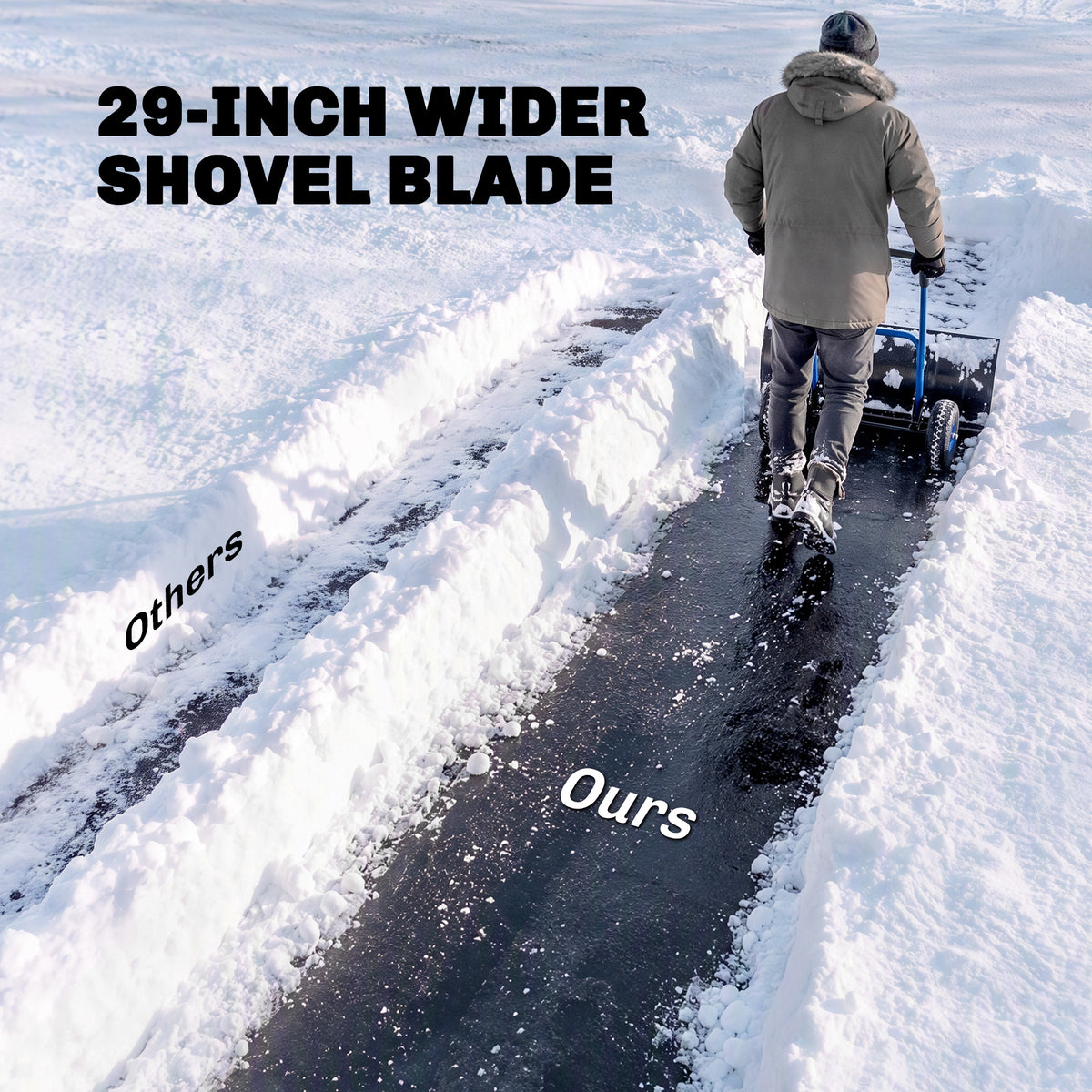 Snow Shovel with Wheels, 29" x 16.5" Metal Snow Pusher with Adjustable Handle, 5-Angle Blade for Driveway, Blue