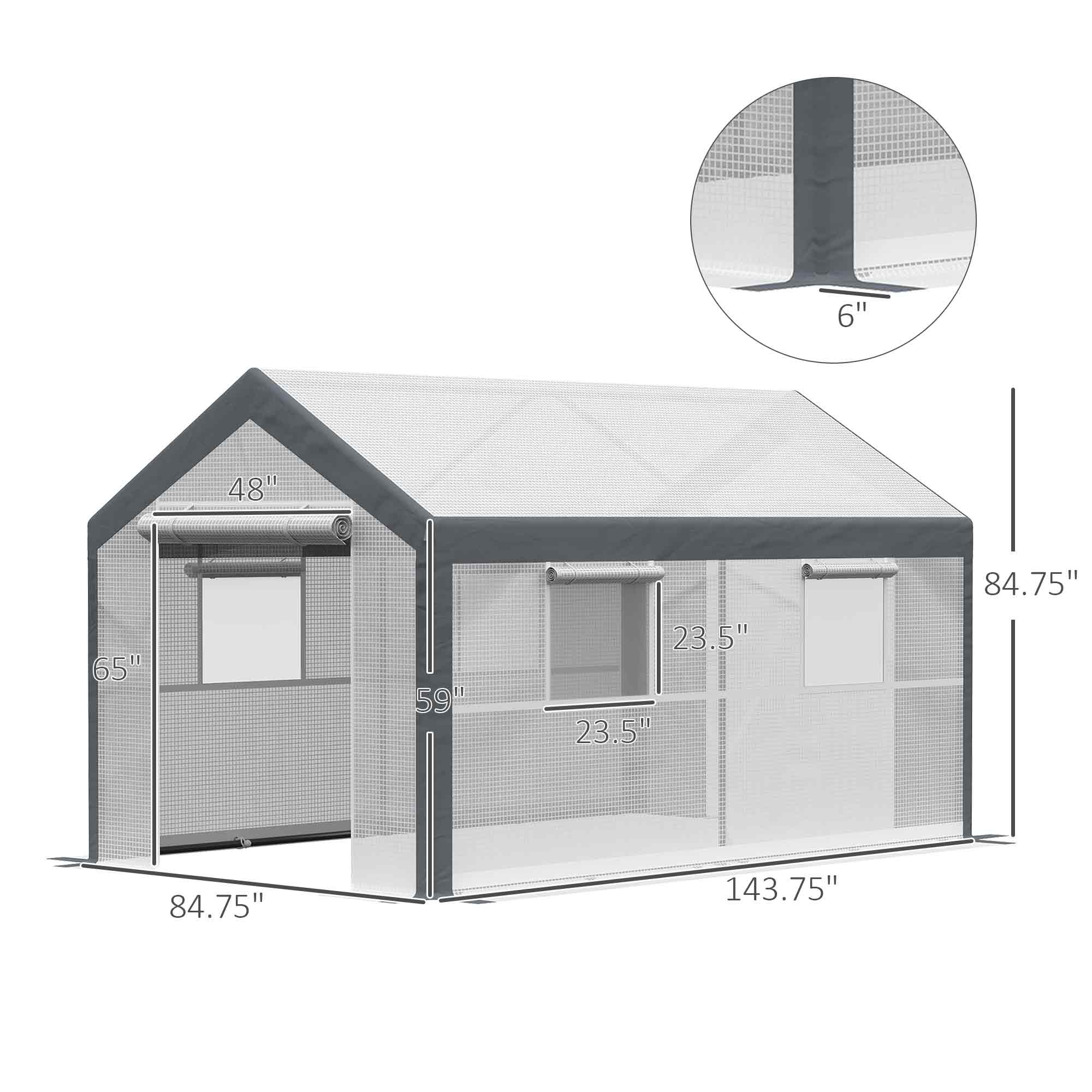 12' x 7' x 7' Greenhouse, Walk-in Outdoor Tunnel Green House with PE Cover, Steel Frame, 2 Roll-Up Zipper Doors & 4 Windows for Flowers, Vegetables, Tropical Plants, White/Dark Gray - White - Image 3