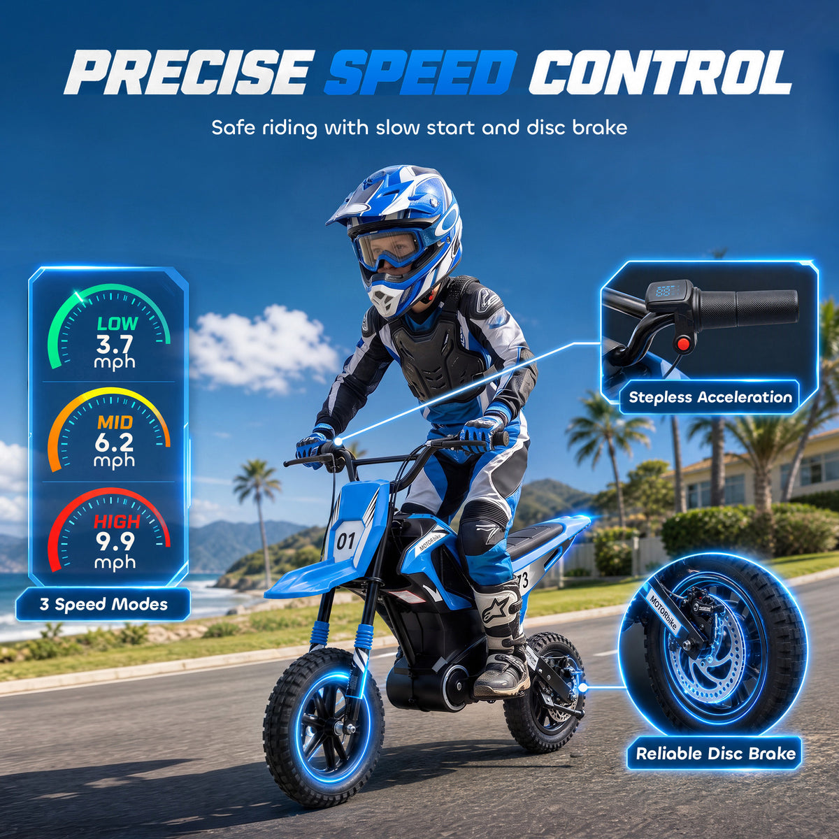 24V Kids Electric Motorcycle with 180W Brushless Motor, Suspension, Soft Start, 12" Rubber Tires for 6+ Years, Blue