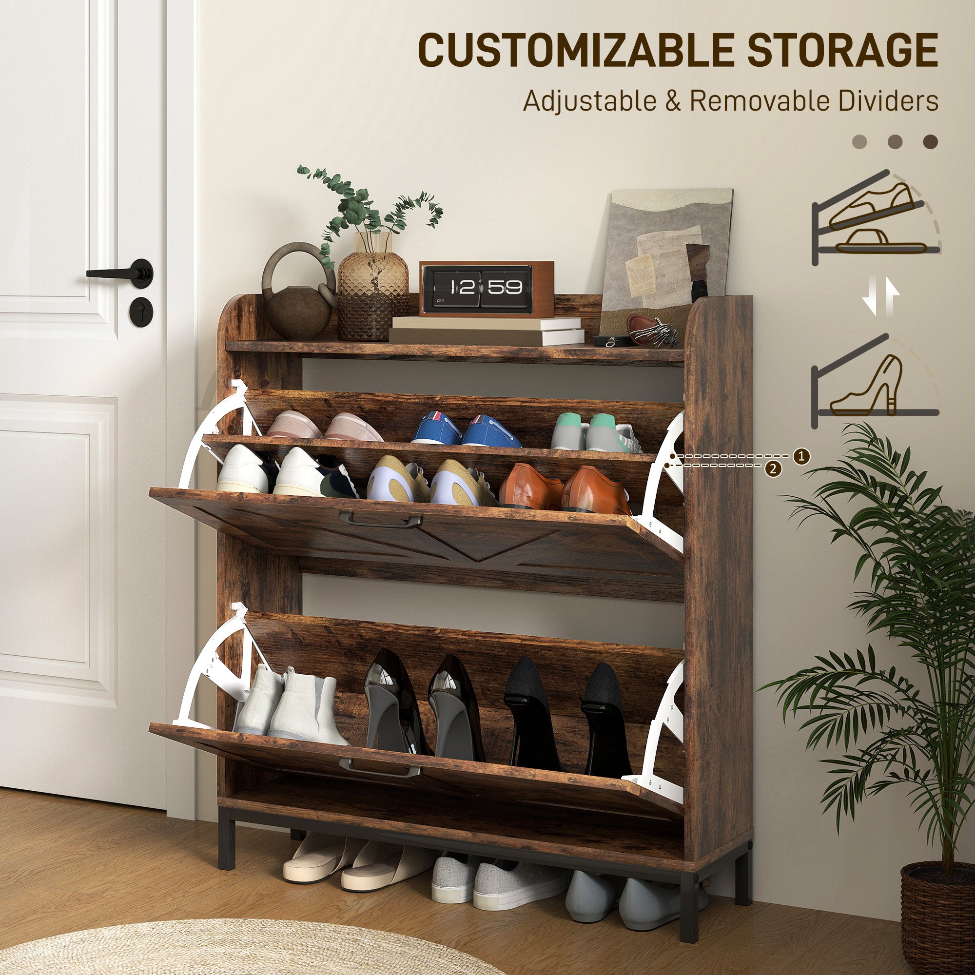 Shoe Cabinet Organizer with 2 Flip Drawers, Legs, Narrow Shoe Storage Cabinet for Entryway, Hallway, Rustic Brown - Rustic Brown - Image 5