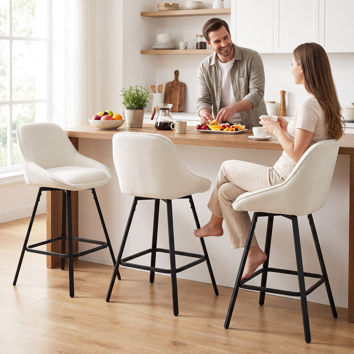 Bar Stools Modern Chenille 360° Swivel Barstools Counter Height Backrest Footrest Set 3, Cream White