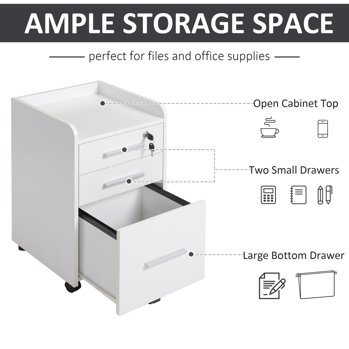 Lockable Filing Cabinet on Wheels, 3 Drawer Mobile File Cabinet with Lock and Edged Top, White