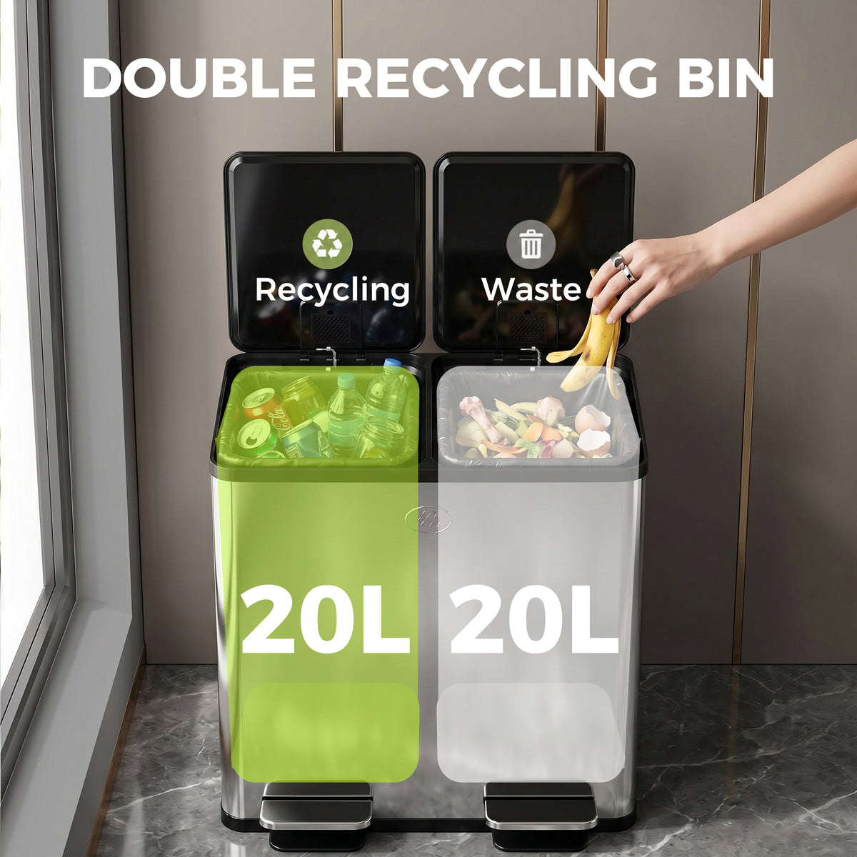 Trash Can, 2 x 5 Gallon Stainless Steel Garbage Can with Soft Close, Stay-Open Lid, Pedals, Inner Buckets, Silver