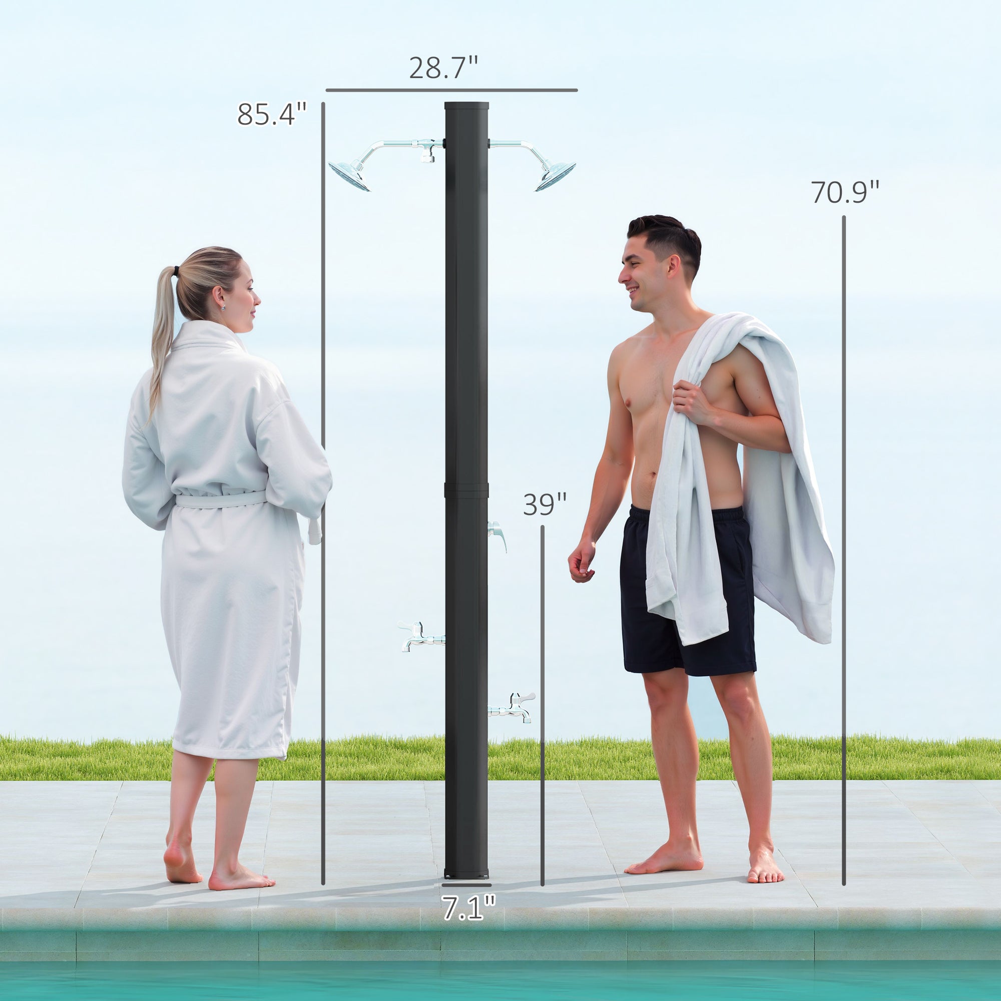 9.2 Gallon Slolar Heated Outdoor Shower with 2 Free-Rotating Shower Heads and Foot Showers for Poolside Beach Spa, 7.1ft