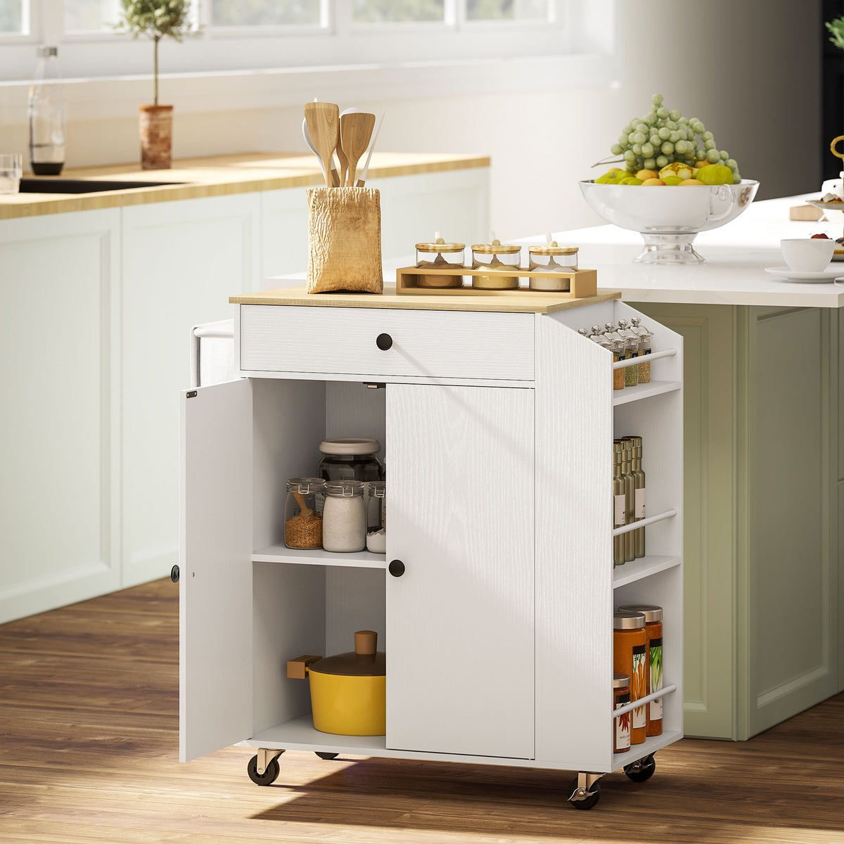 Rolling Kitchen Island with Tabletop, Kitchen Cart with Storage, Drawer, Cabinet, Spice Rack and Towel Bar, White