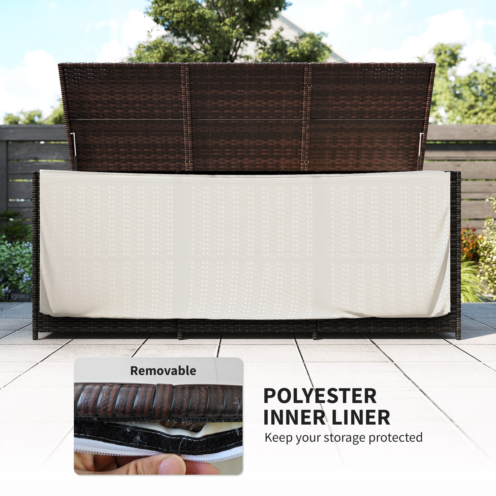 175 Gallon Outdoor Storage Box with Inner Liner, PE Rattan Wicker Deck Box with Pneumatic Bar Lift, Mixed Brown - Brown - Image 5