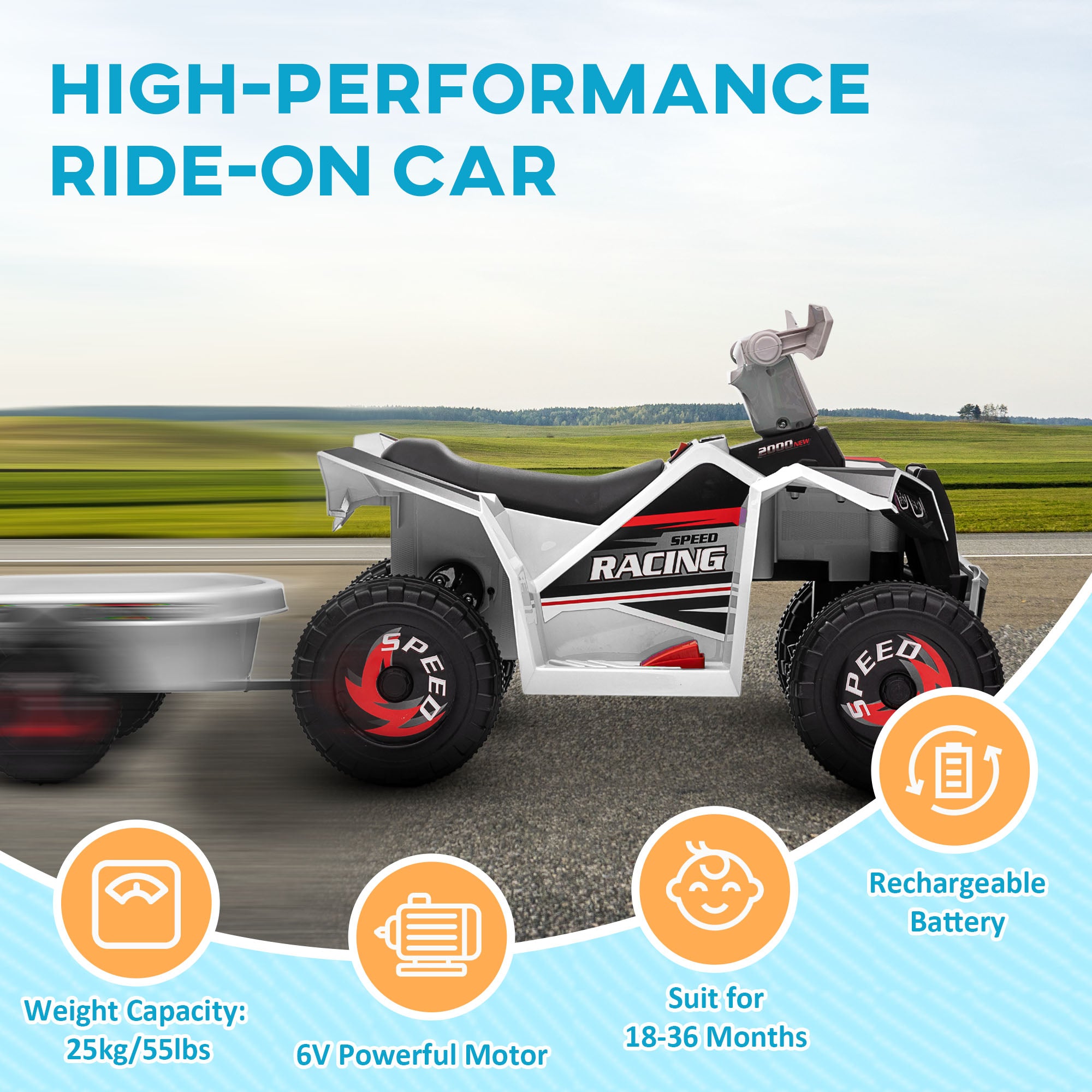 6V Electric Toy Car with Back Trailer, Forward Backward, Wear-Resistant Wheels for Ages 18-36 Months, White