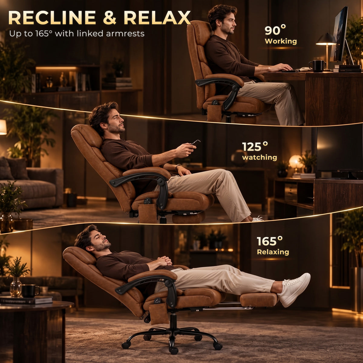 Massage Office Chair Vibration Computer Chair Heated Reclining PU Leather Footrest Height Adjustable Brown