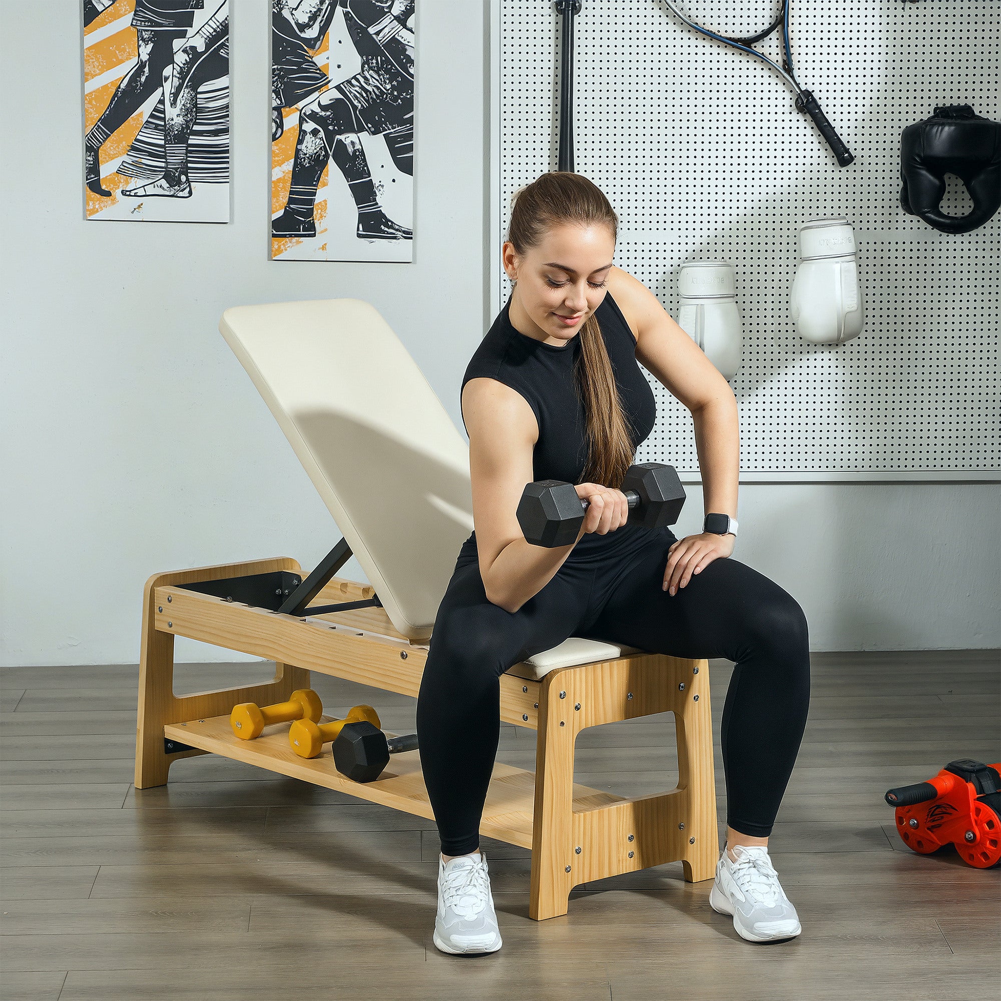Wooden Adjustable Weight Bench with Dumbbell Rack, Flat or Incline Workout Bench for Home Gym Weight Lifting, White