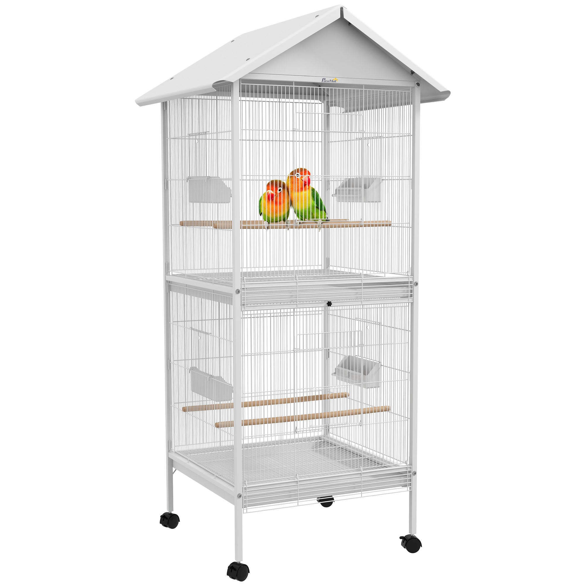 Wrought Metal Bird Cage Feeder with Rolling Stand Perches Food Containers Doors Wheels 67" H, White - White