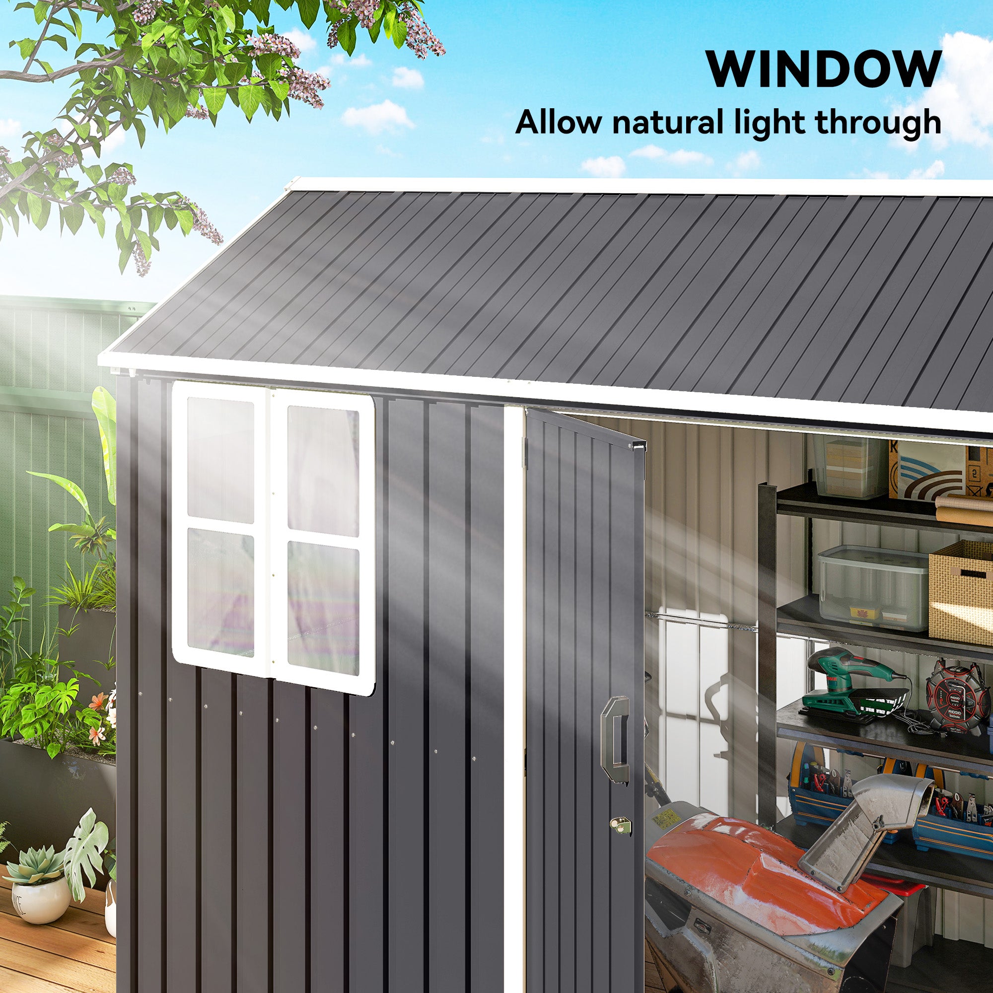 8' x 6' Metal Garden Storage Shed, Extra Large Outdoor Tool Storage House w/ Doors, Window and Air Vents, Dark Gray - Dark Gray - Image 5