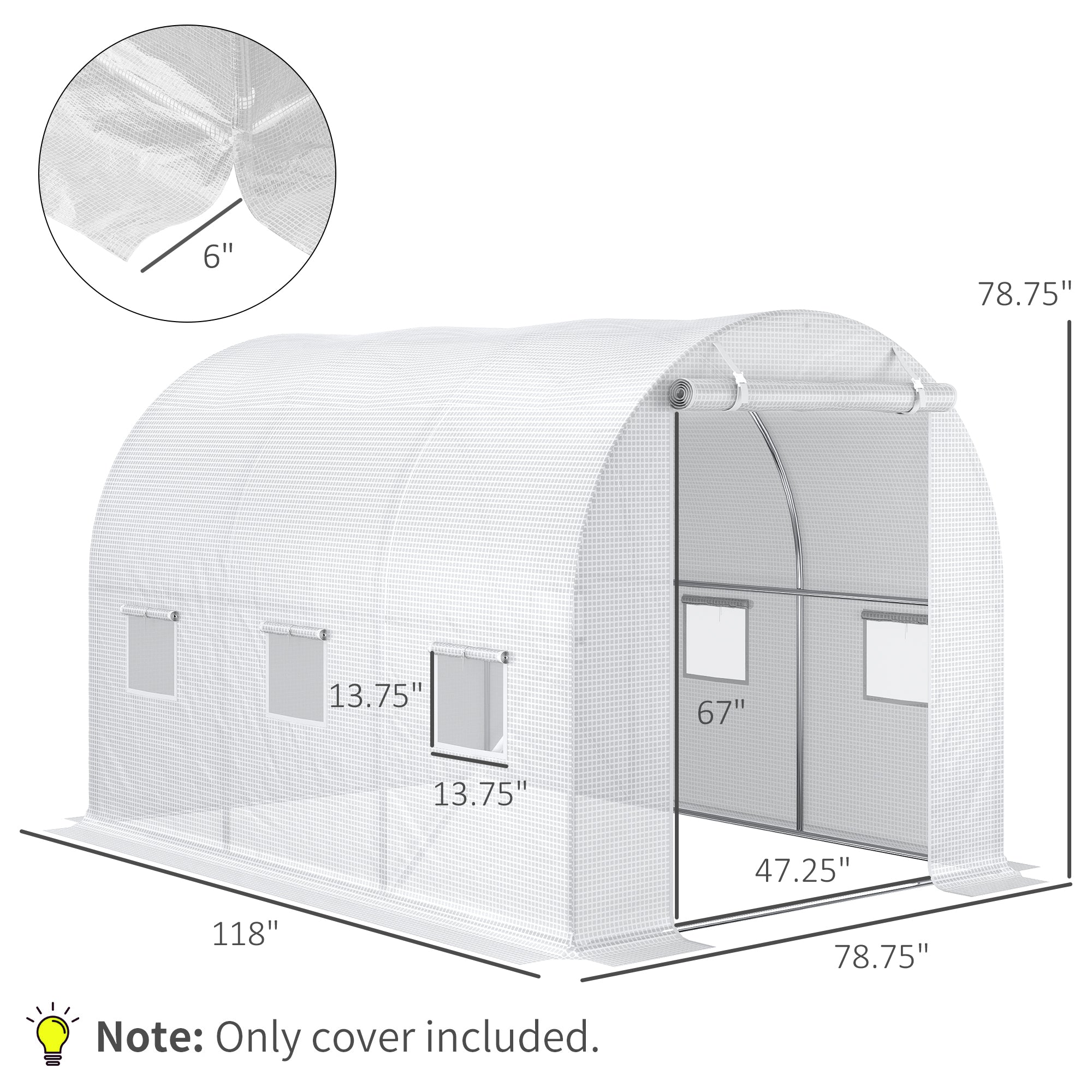 9.8' x 6.6' x 6.6' Plastic Greenhouse Cover Replacement, Heavy Duty Waterproof Tarp for Hoop House, Sheeting with 6 Windows, Door & Reinforcement Grid, White - White - Image 3