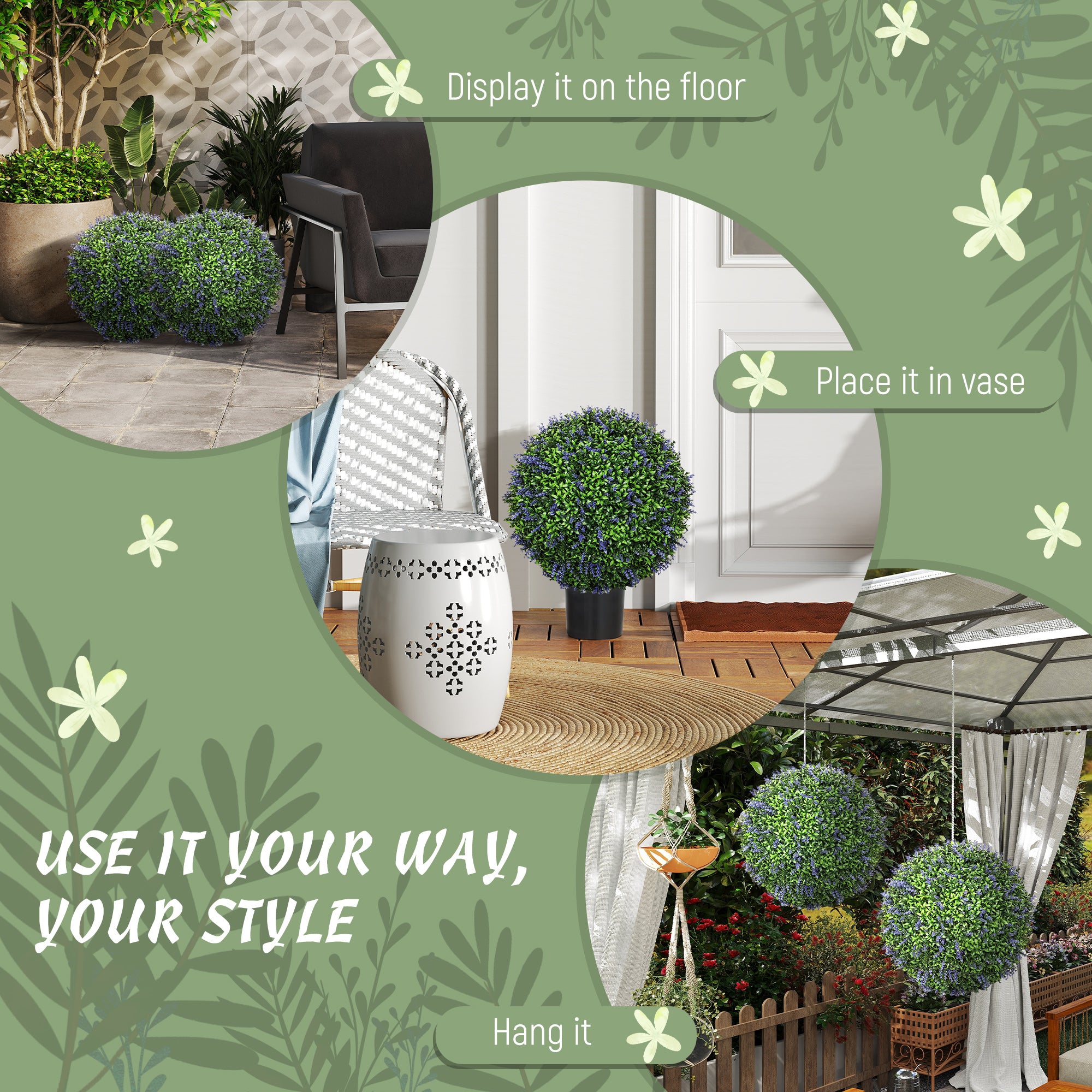 2 Pack Artificial Plant Lavender Topiary Balls, 16.5 Inch