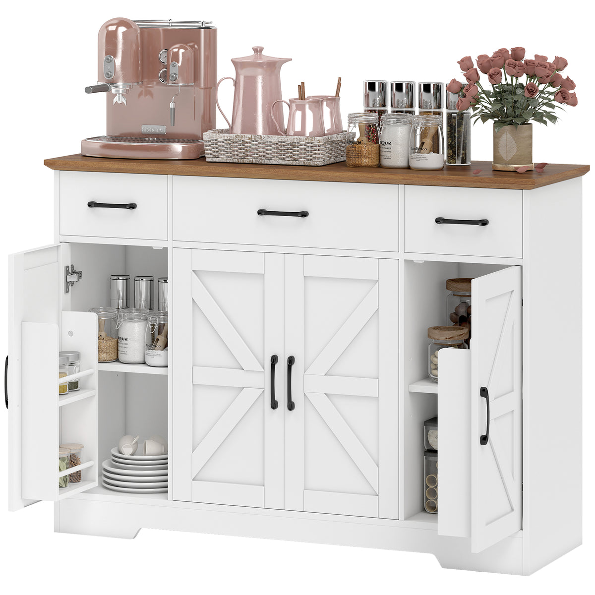 47" Buffet Cabinet with Soft-Close Hinges, Farmhouse Sideboard with 3 Drawers, Adjustable Shelves and Spice Racks, White