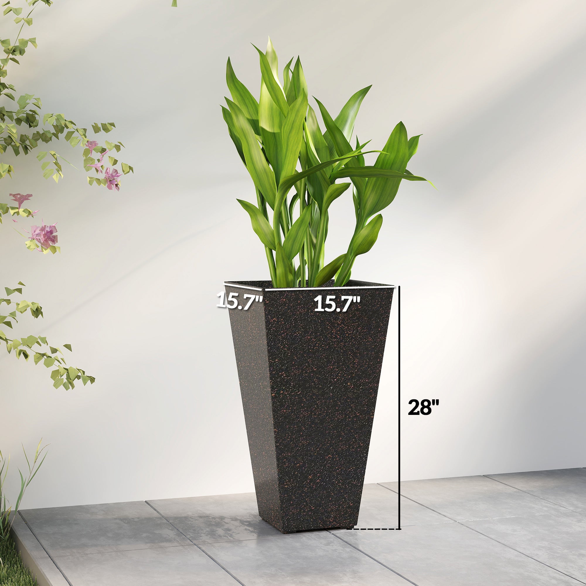 28" Tall Planters, Set of 3 Plastic Flower Pots with Marble Finish and Drainage Holes, Stackable Taper Planters, Brown - Brown - Image 3