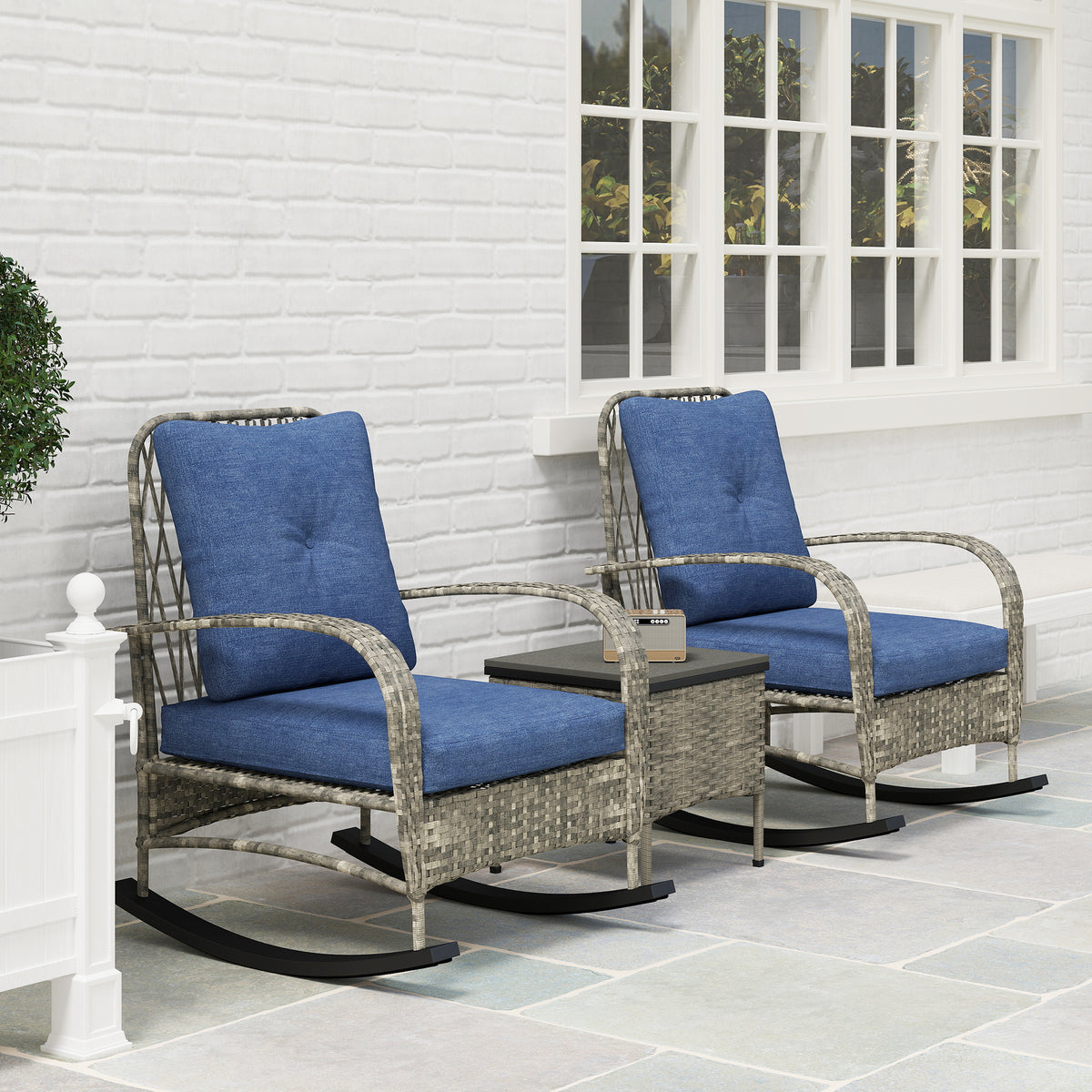 3 Piece Wicker Patio Furniture Set, Outdoor PE Rattan Rocking Chairs with Coffee Table, Cushions for Porch, Gray