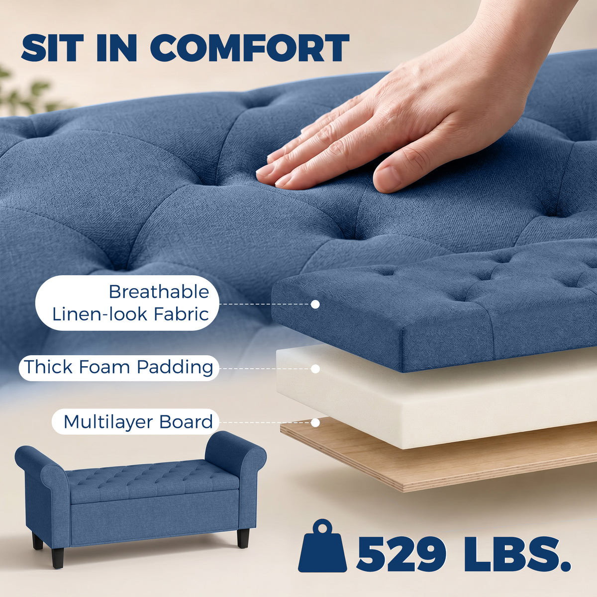 47" Storage Ottoman Bench, Tufted End of Bed Bench with Rolled Arms, Safety Hinge, Wood Legs for Bedroom, Blue