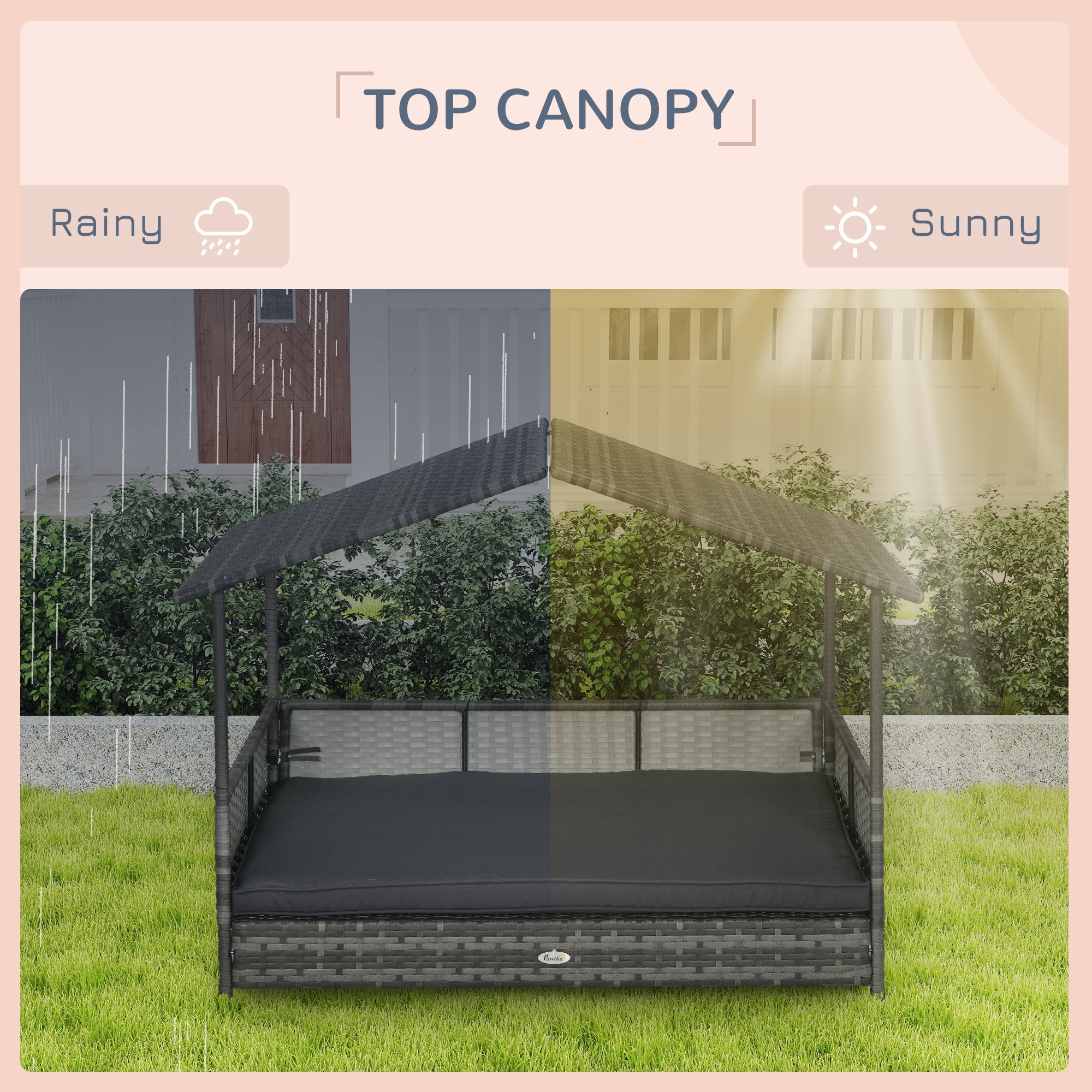 Outdoor Dog Bed with Canopy, Rattan Dog Bed with Soft Cushion Removable Cover for Medium and Large Dogs, Dark Gray - Dark Gray - Image 6