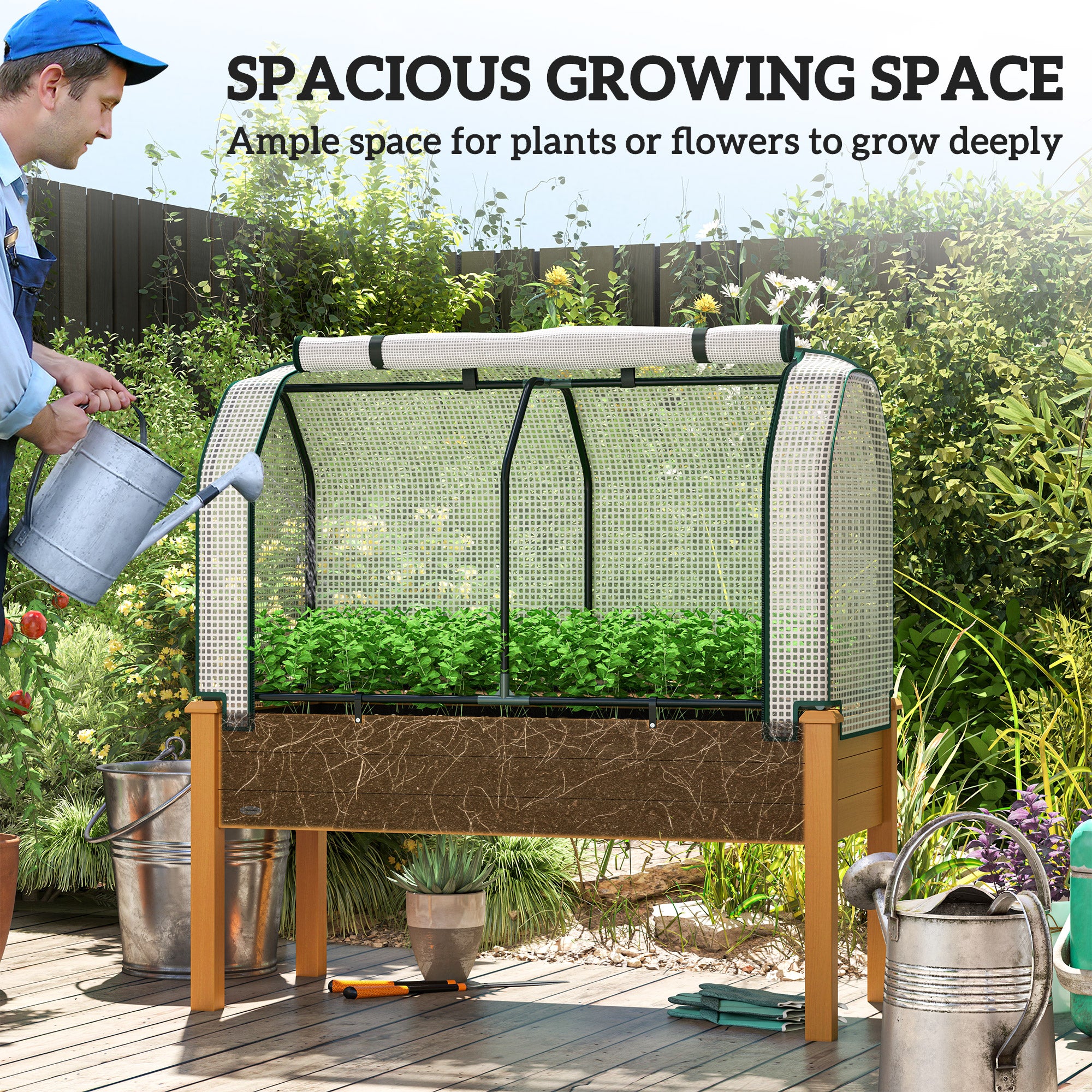 Raised Garden Bed with PE Greenhouse Cover Outdoor Planter Box for Herbs and Vegetables, 48 x 22 x 46 inch, Sand - Sand - Image 7