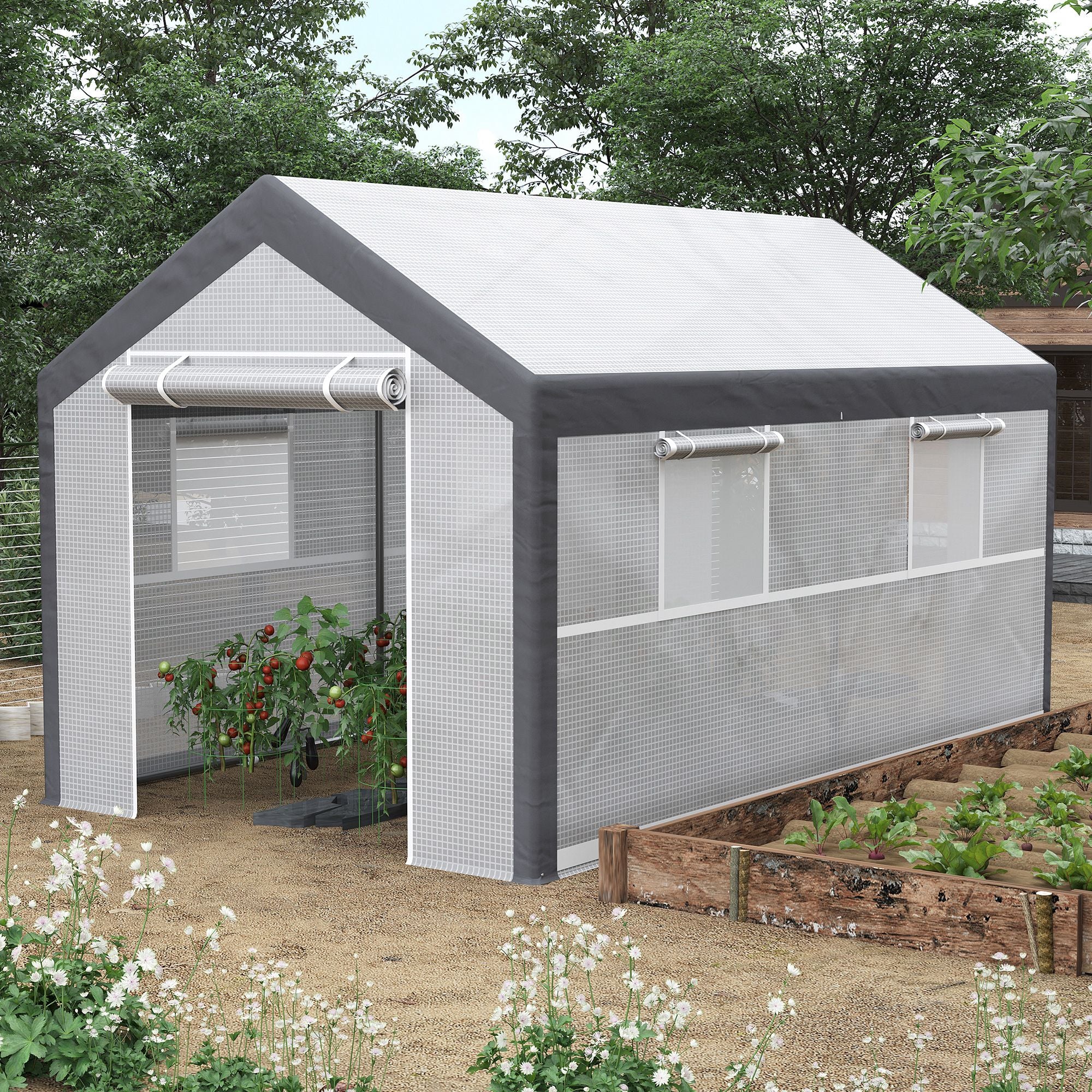 12' x 7' x 7' Greenhouse, Walk-in Outdoor Tunnel Green House with PE Cover, Steel Frame, 2 Roll-Up Zipper Doors & 4 Windows for Flowers, Vegetables, Tropical Plants, White/Dark Gray - White - Image 2