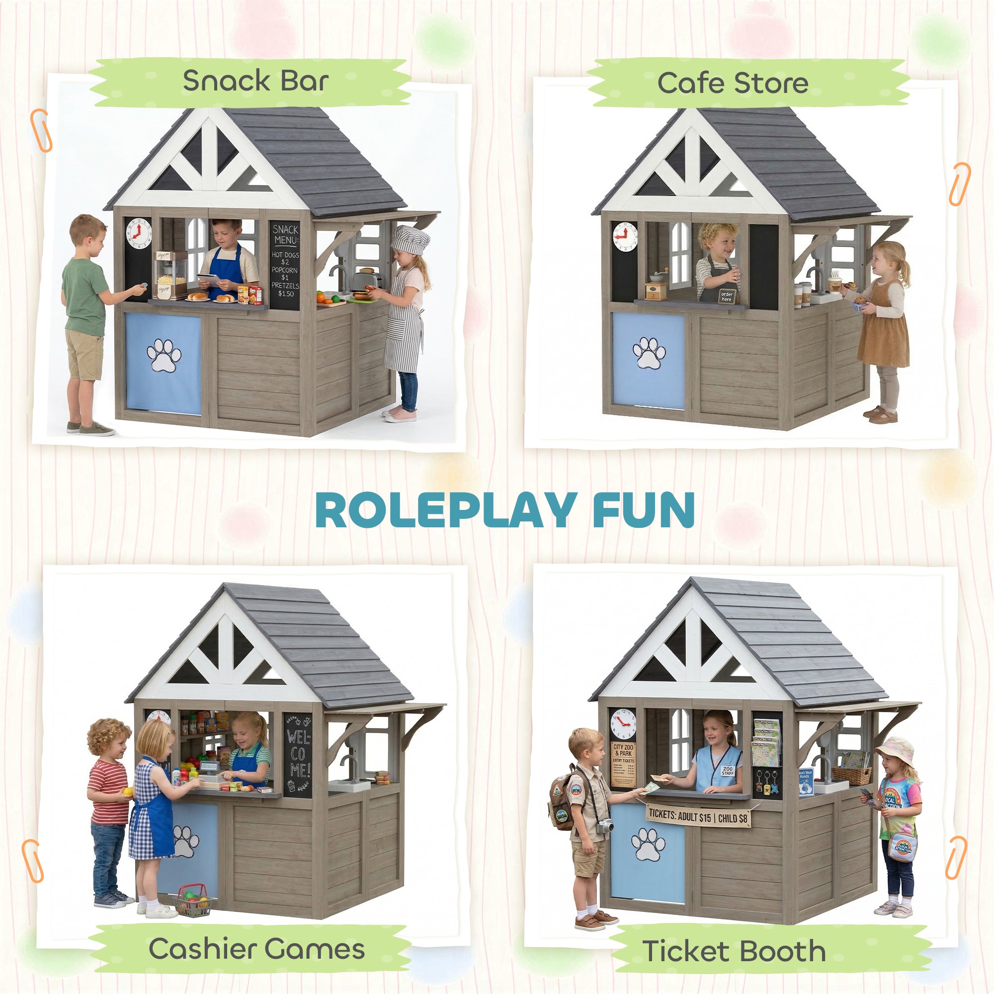 Outdoor Playhouse, Wooden Kids Playhouse with Dog Door, Flower Box, Cookware & Window for Garden Ages 2+, Gray