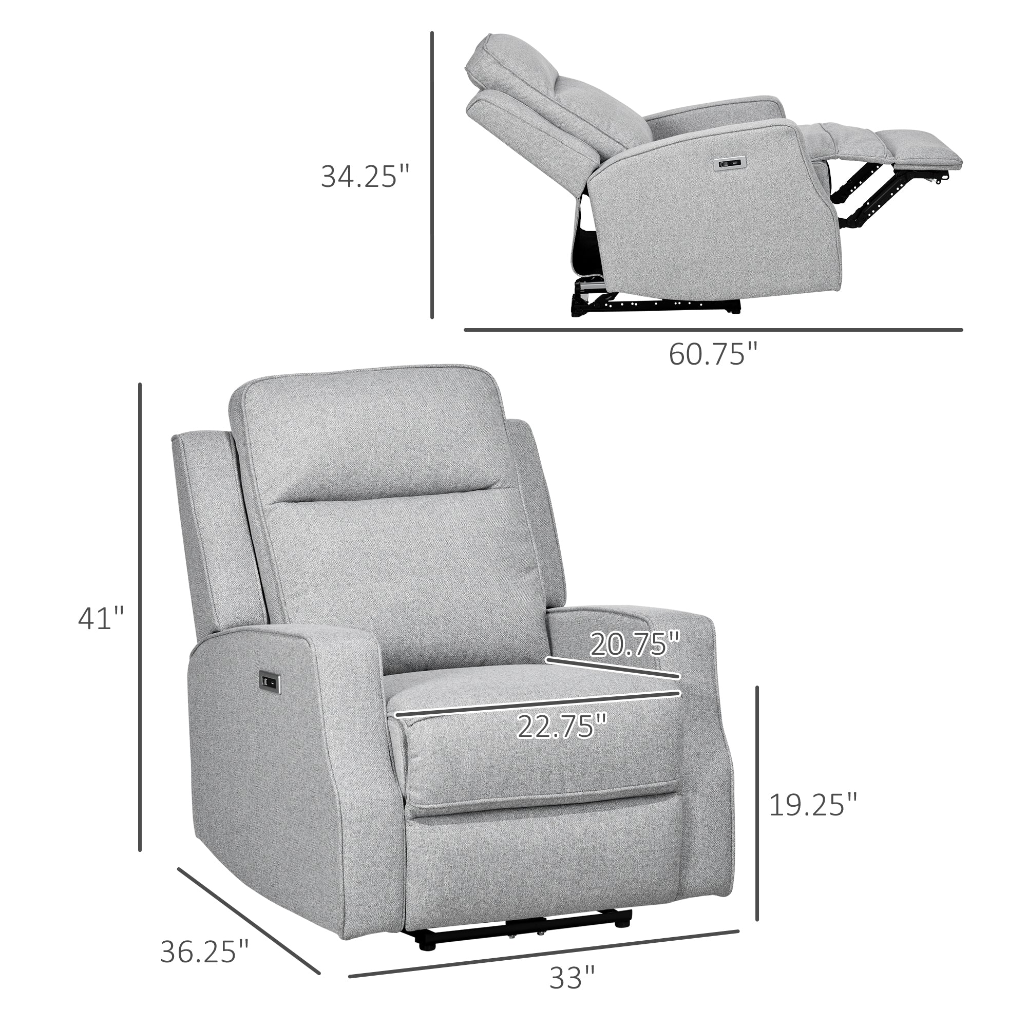 Electric Power Recliner, Wall Hugger Armchair with USB Charging Station, Sofa Recliner with Linen Upholstered Seat and Retractable Footrest, Gray