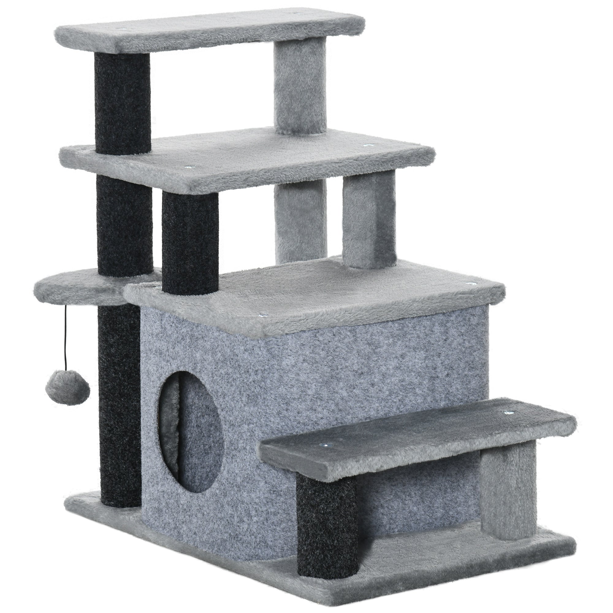 Adjustable Height 3 Step/4 Step Cat Stairs with Cat Scratching Post, Cat Condo, Toy Ball, for Bed, Sofa, Couch, Gray - Gray