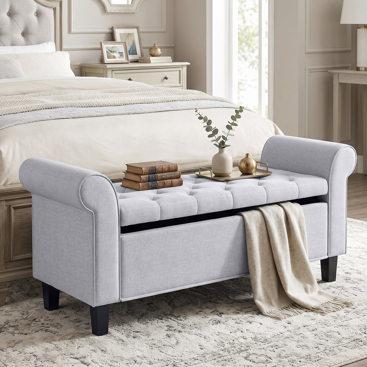 47" Storage Ottoman Bench, Tufted End of Bed Bench with Rolled Arms, Safety Hinge, Wood Legs for Bedroom, Light Gray