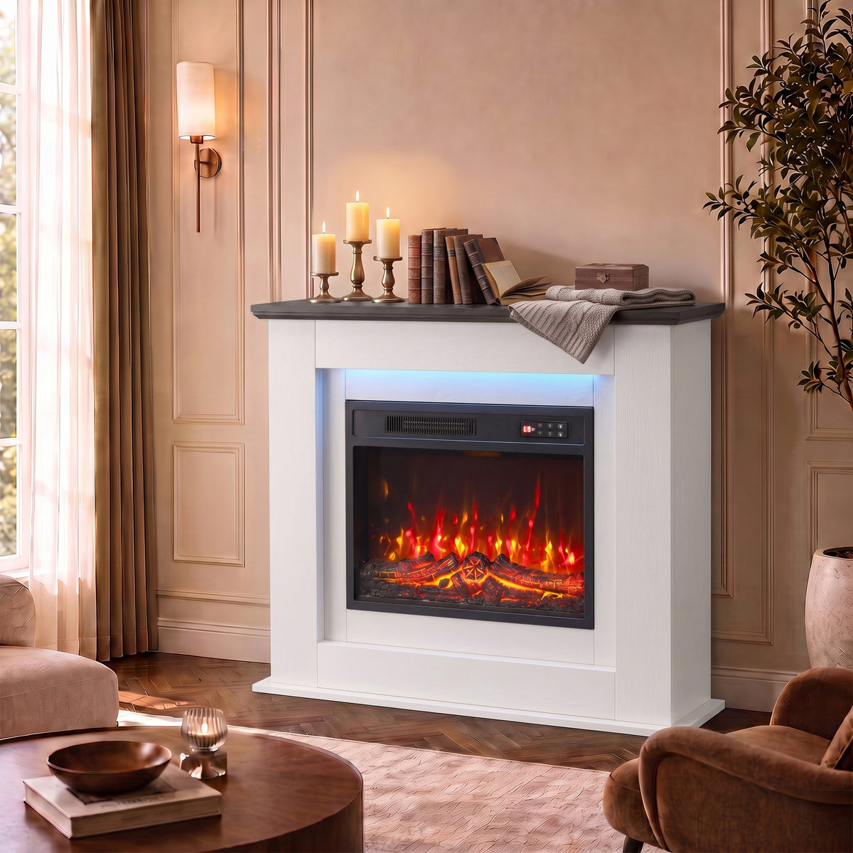 40" Electric Fireplace with Mantel, LED Strip, Fireplace TV Stand for 55" TVs, Adjustable Flame, White