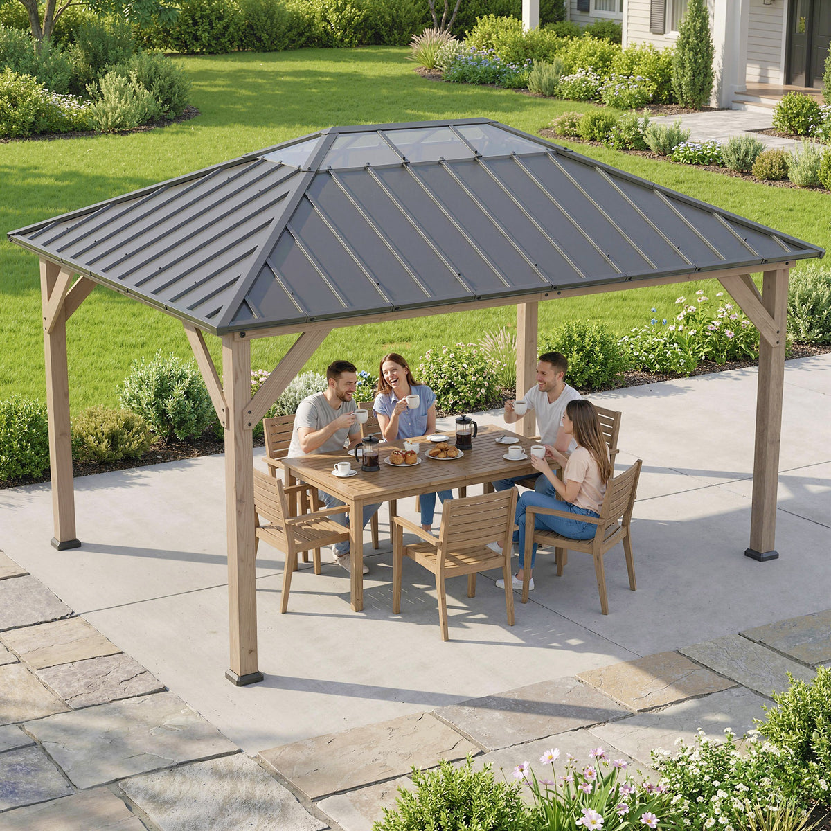 12' x 16' Hardtop Gazebo with Galvanized Steel Roof, UPF50+ Wood Permanent Pavilion with Clear Roof Top, Light Walnut