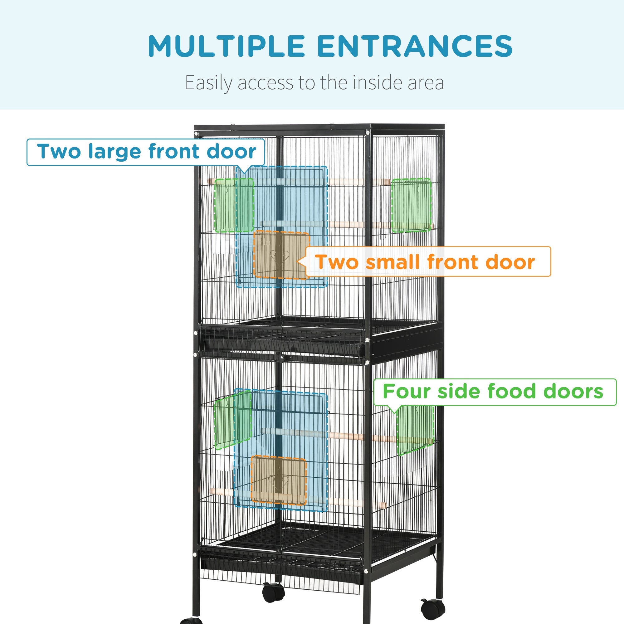 55" 2 In 1 Bird Cage Aviary Parakeet House for finches, budgies with Wheels, Black - Black - Image 5