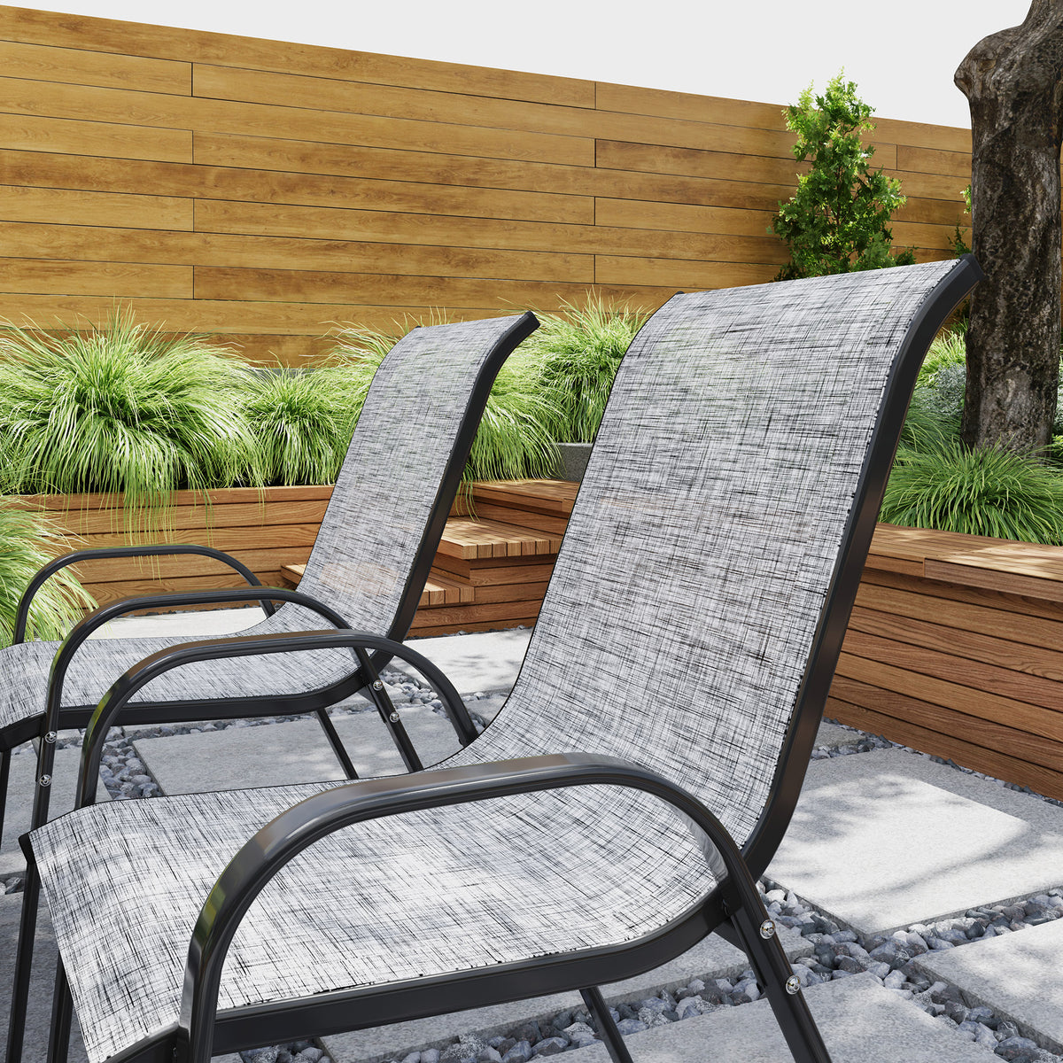 Set of 4 Outdoor Dining Chairs, Stackable Patio Chairs with High Back, Breathable Mesh Seat for Garden Lawn, Mixed Gray
