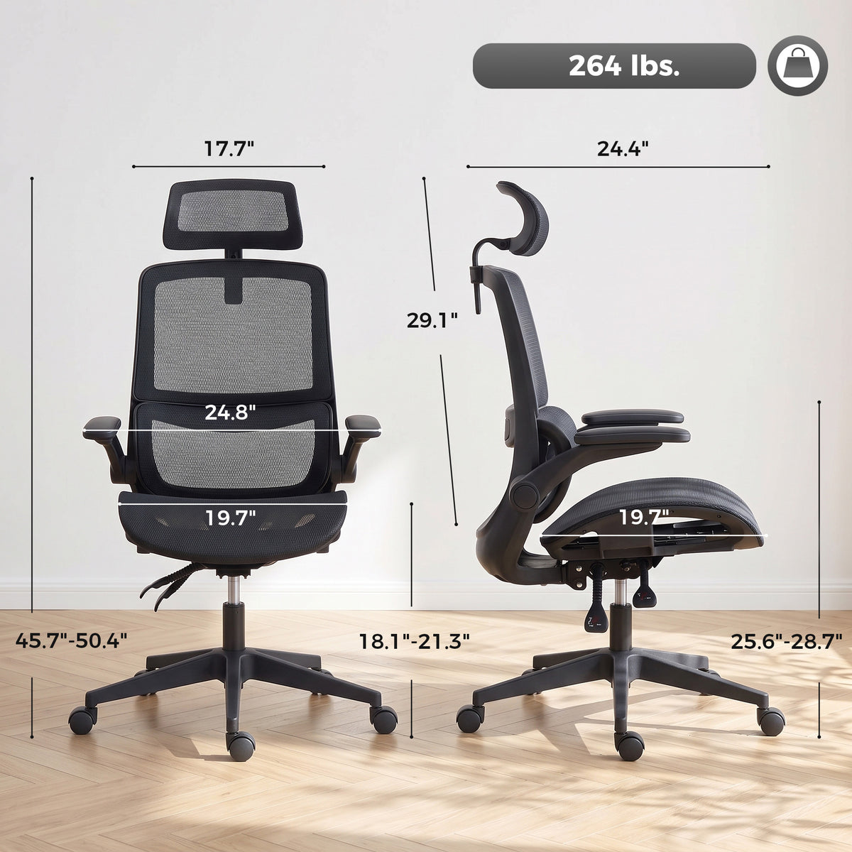 Ergonomic Office Chair with Adaptive Lumbar Support, Reclining Mesh Desk Chair with 2D Headrest, Flip-Up Arms, Black