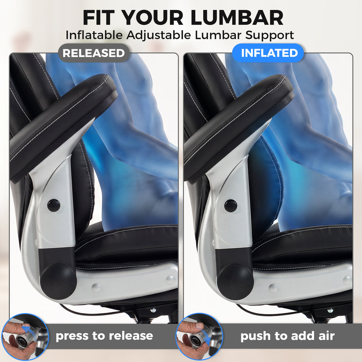 Ergonomic Office Chair with Inflatable Lumbar Support, 600 lbs, Heavy Duty Desk Chair, BIFMA, Flip-Up Arms