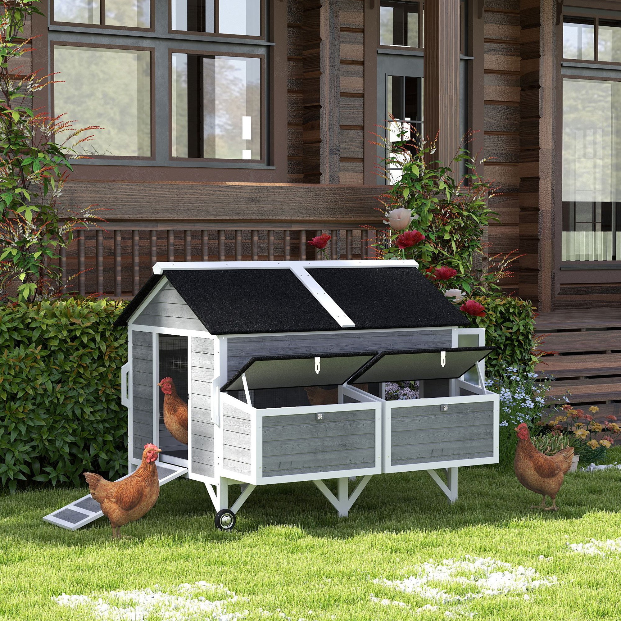 59" Wooden Chicken Coop w/ Wheels, Handles, 2 Nesting Boxes, 2 Trays, 4 Perches, Chicken Tractor for 4-6 Chickens, Gray - Gray - Image 2