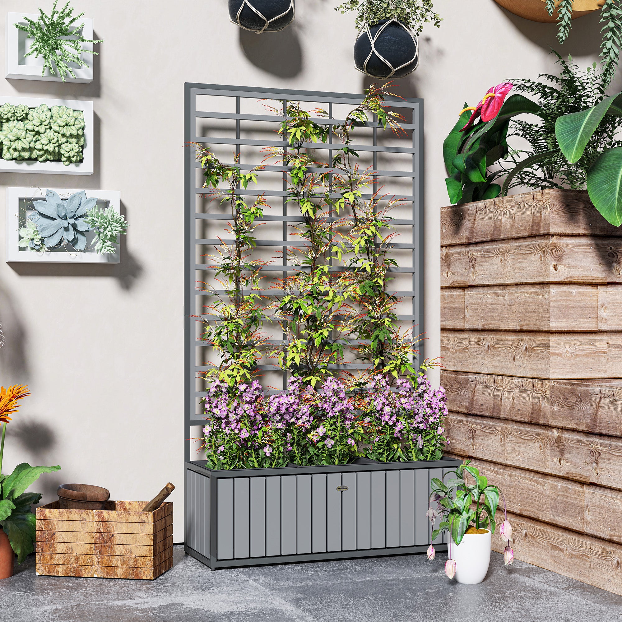 Wooden Raised Garden Bed with Trellis, Removable Pots, for Backyard, Patio, Balcony, 29" x 11" x 52", Gray - Gray - Image 7