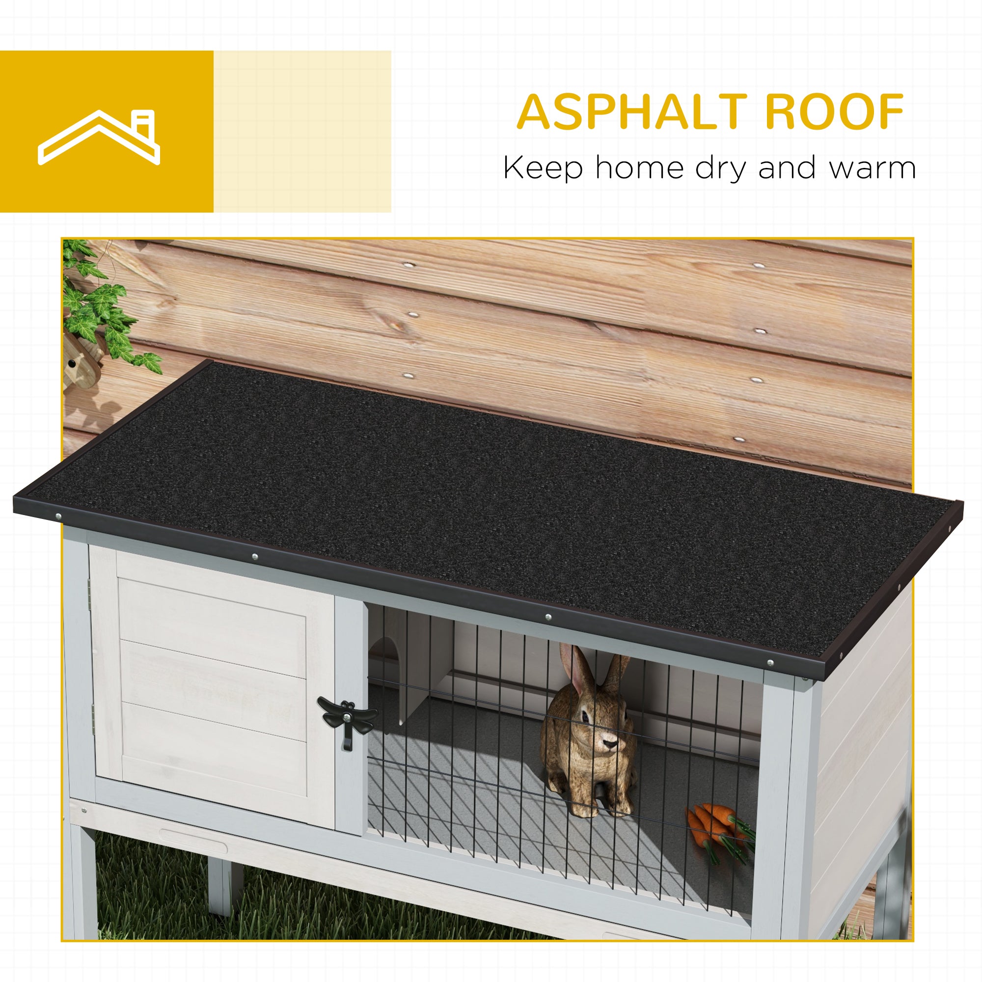 Elevated Rabbit Hutch, Wooden Bunny Cage with Hinged Asphalt Roof and Removable Tray, for Indoor/Outdoor, Gray - Gray - Image 7