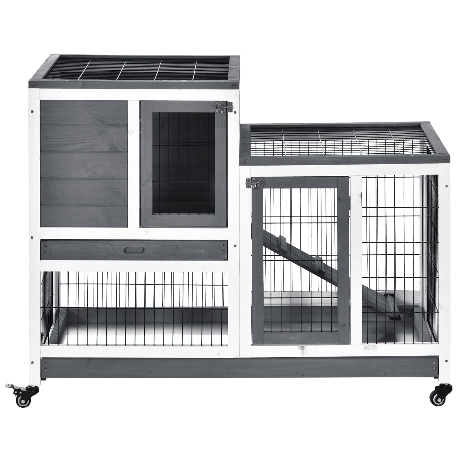 Wooden Rabbit Hutch Elevated Bunny Cage Indoor Small Animal Habitat with Enclosed Run with Wheels, Ramp, Removable Tray for Rabbits, Chickens, Ducks, Guinea Pigs, Gray - Gray, White - Image 8