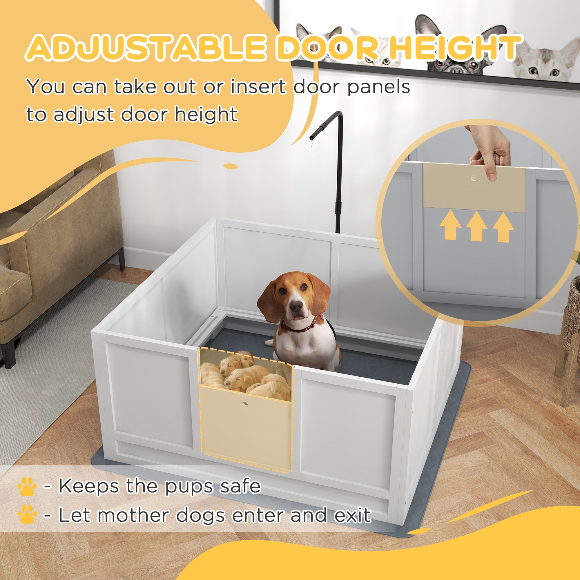 Whelping Box for Puppies with Pee Pad, Pig Rail, Adjustable Door for Small, Medium & Large Breed Dogs Birth, 41" x 39" - White - Image 4