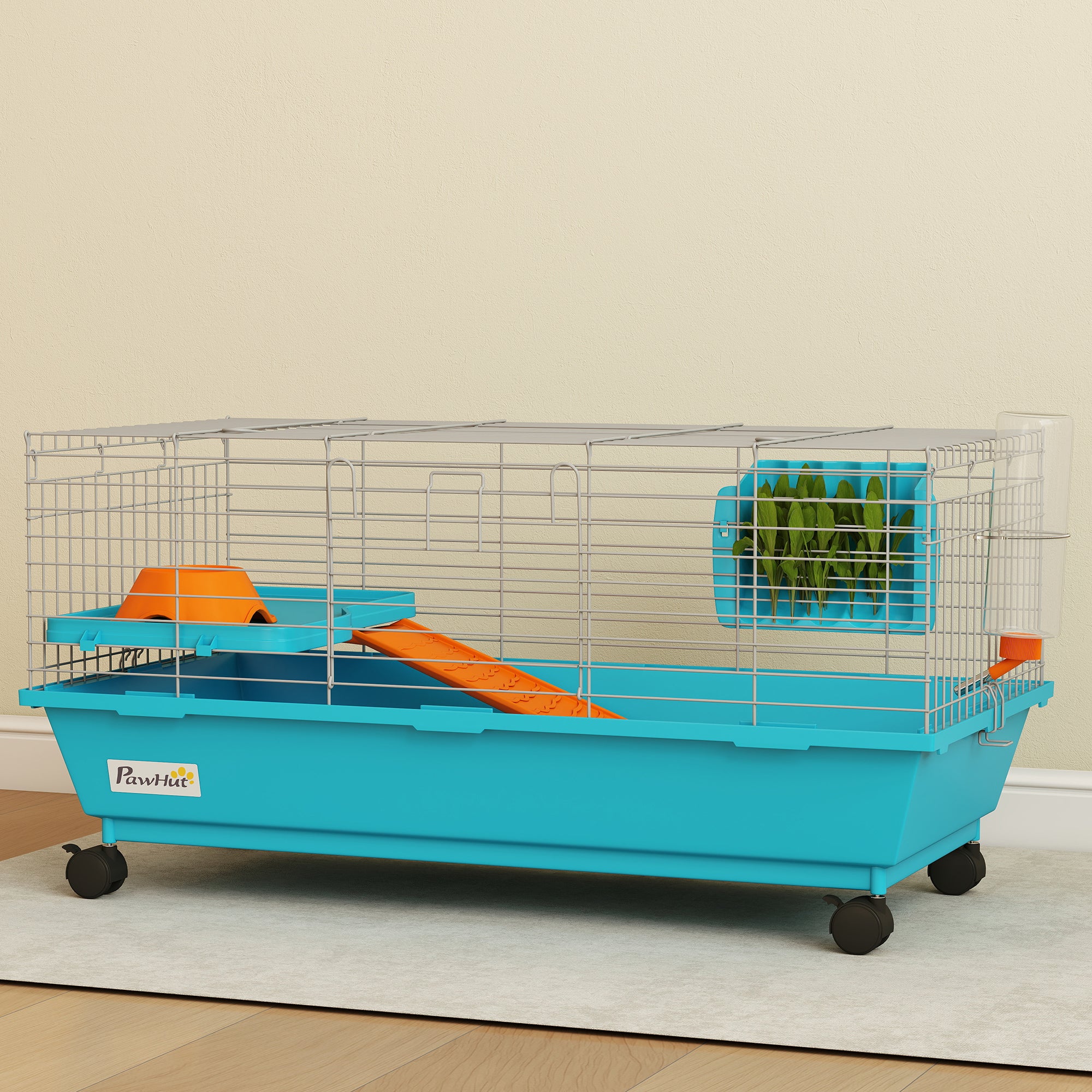 35"L Small Animal Cage, Rolling Bunny Cage, Guinea Pig Cage with Wheels, Food Dish, Water Bottle, Hay Feeder, Blue - Blue - Image 8