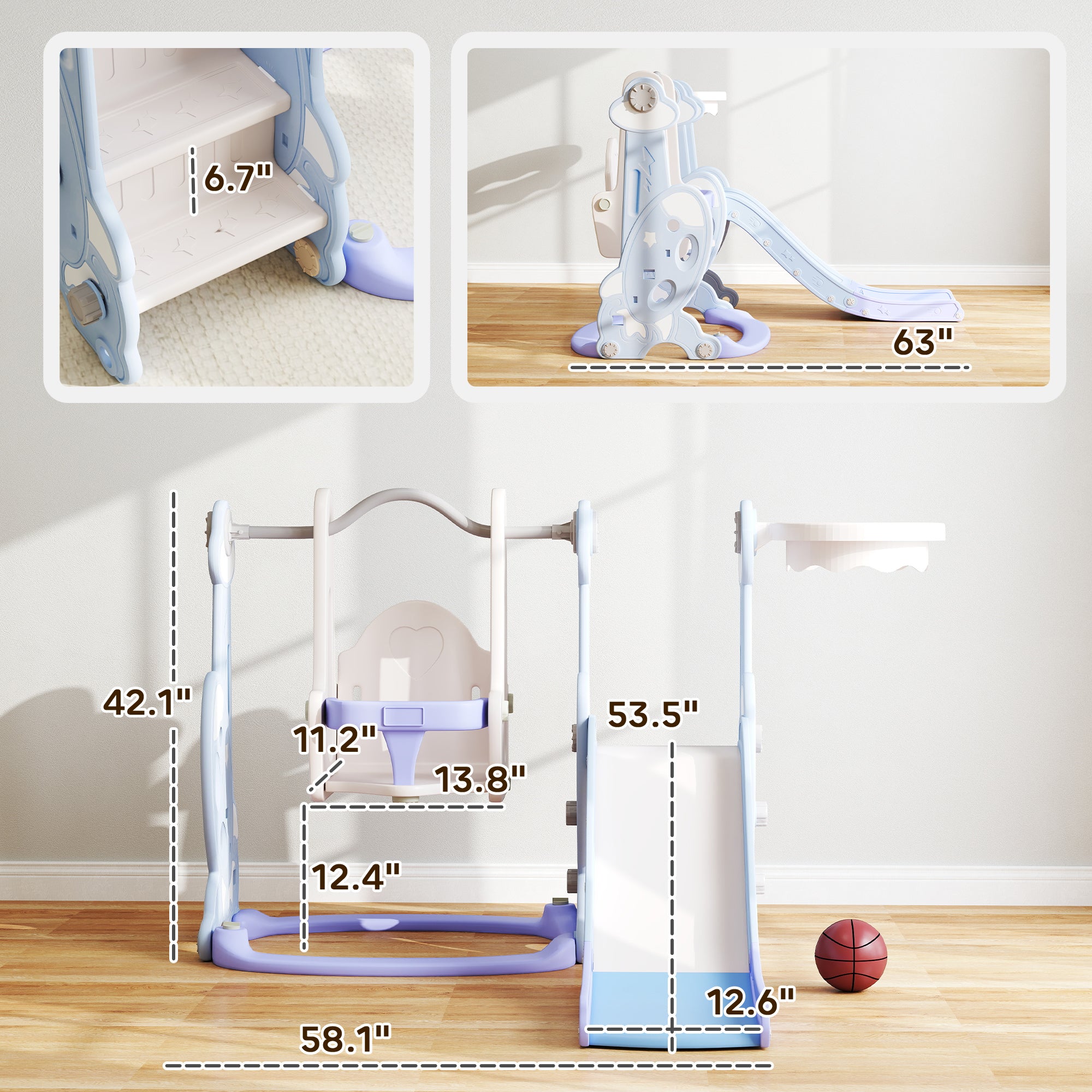 4 in 1 Toddler Slide and Swing Set for Ages 1.5-4, Toddler Playset Playground with Climber, Basketball Hoop, Light Blue