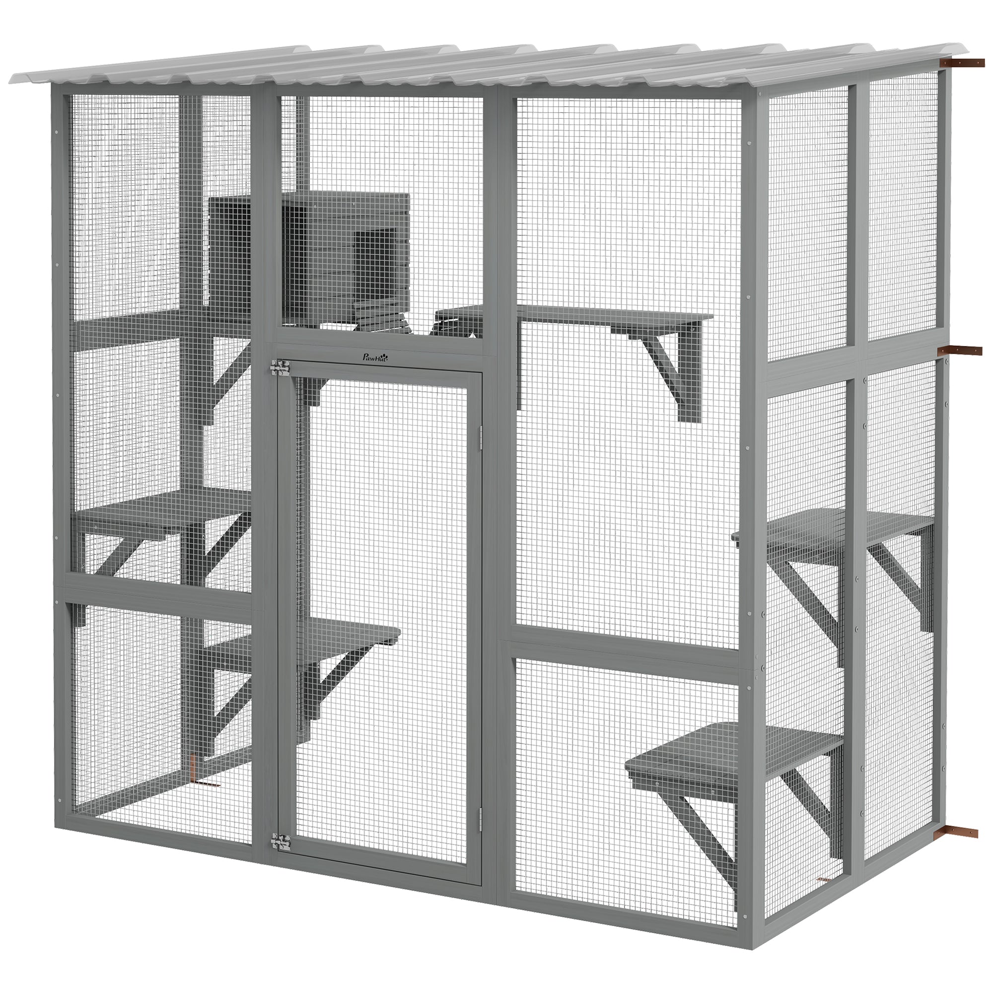 Catio Outdoor Cat Enclosure, Window Box Wooden Cat House with Bridge Platforms, Gray - Gray
