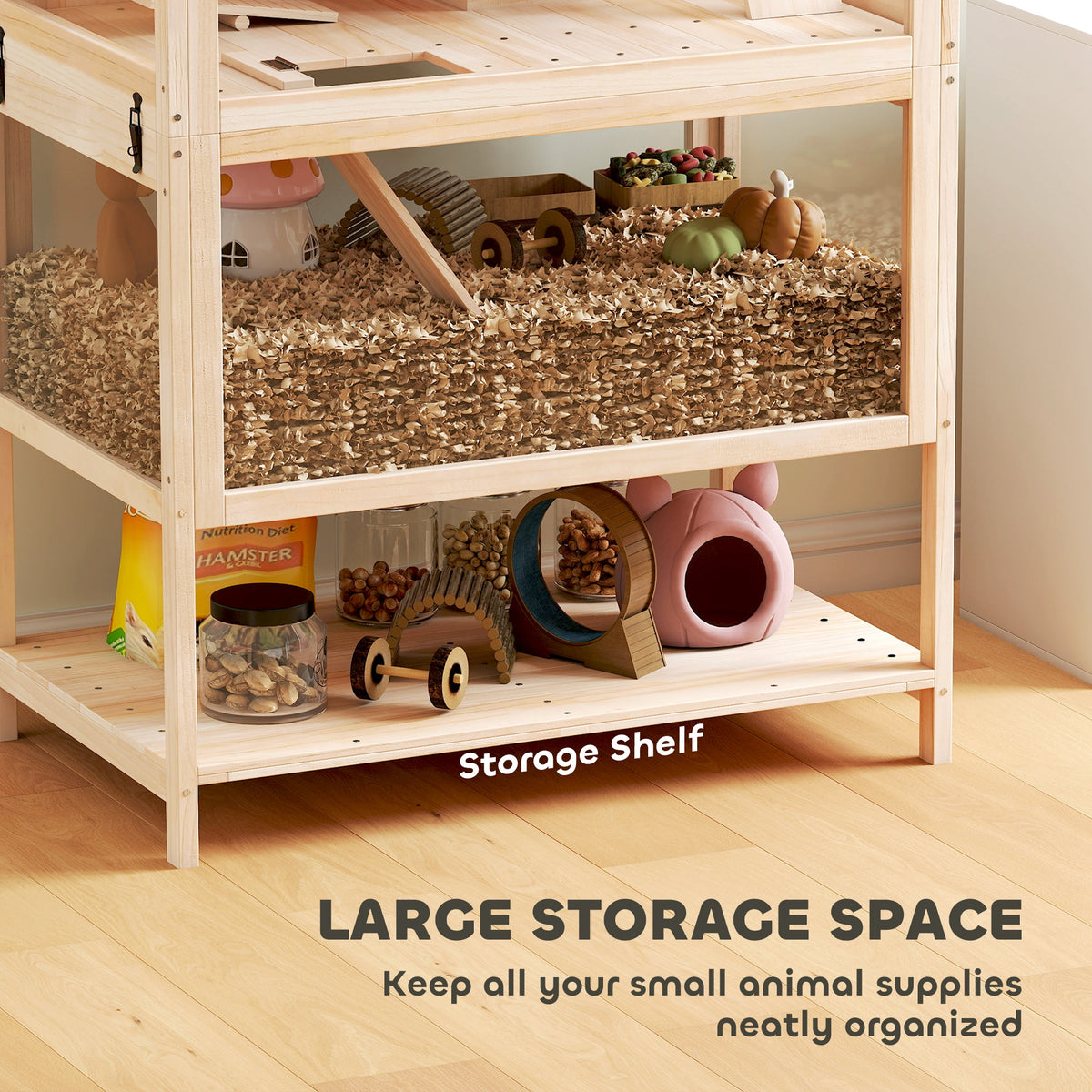 Wooden Hamster Cage with Detachable Lower Floor, Storage Shelf, Hut, Seesaw, Exercise Wheel, Ramps for Dwarf