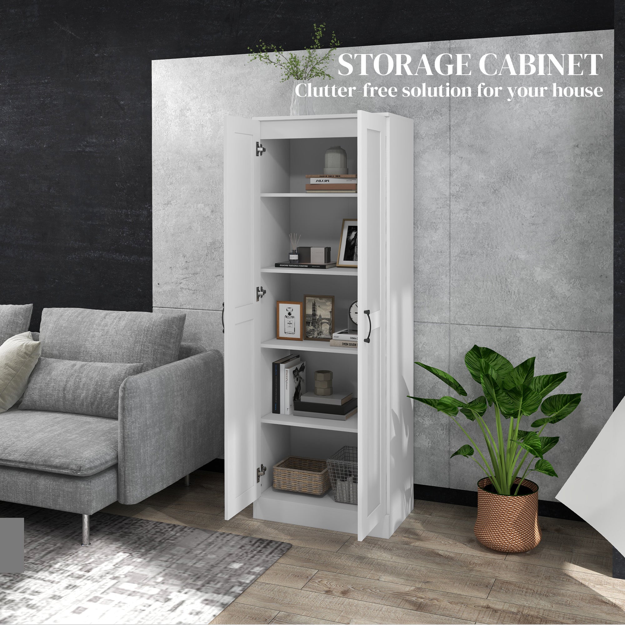 White Storage Cabinet with Adjustable Shelves and Tall Design, for Kitchen Storage , Perfect for Home Use and Family Organization