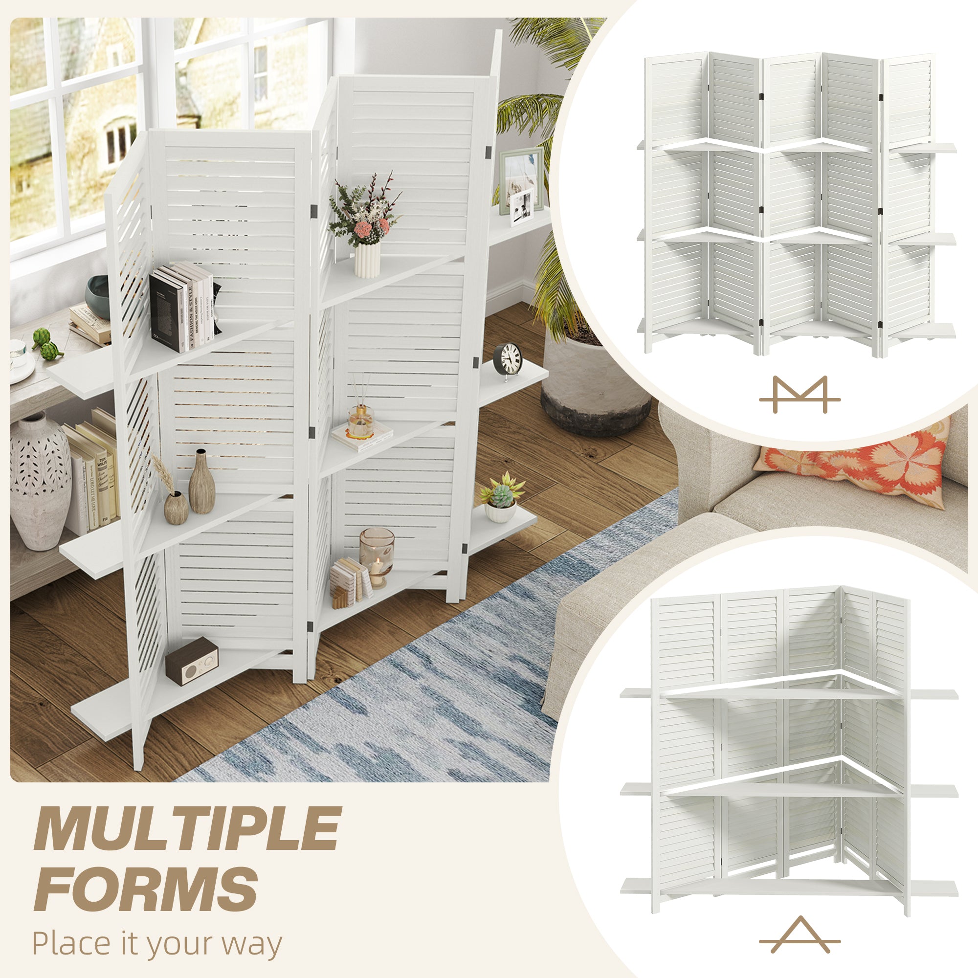 5 Panel 67" Tall Wood Privacy Screen Room Divider with 3 Shelves and Folding Storage for Bedroom, White