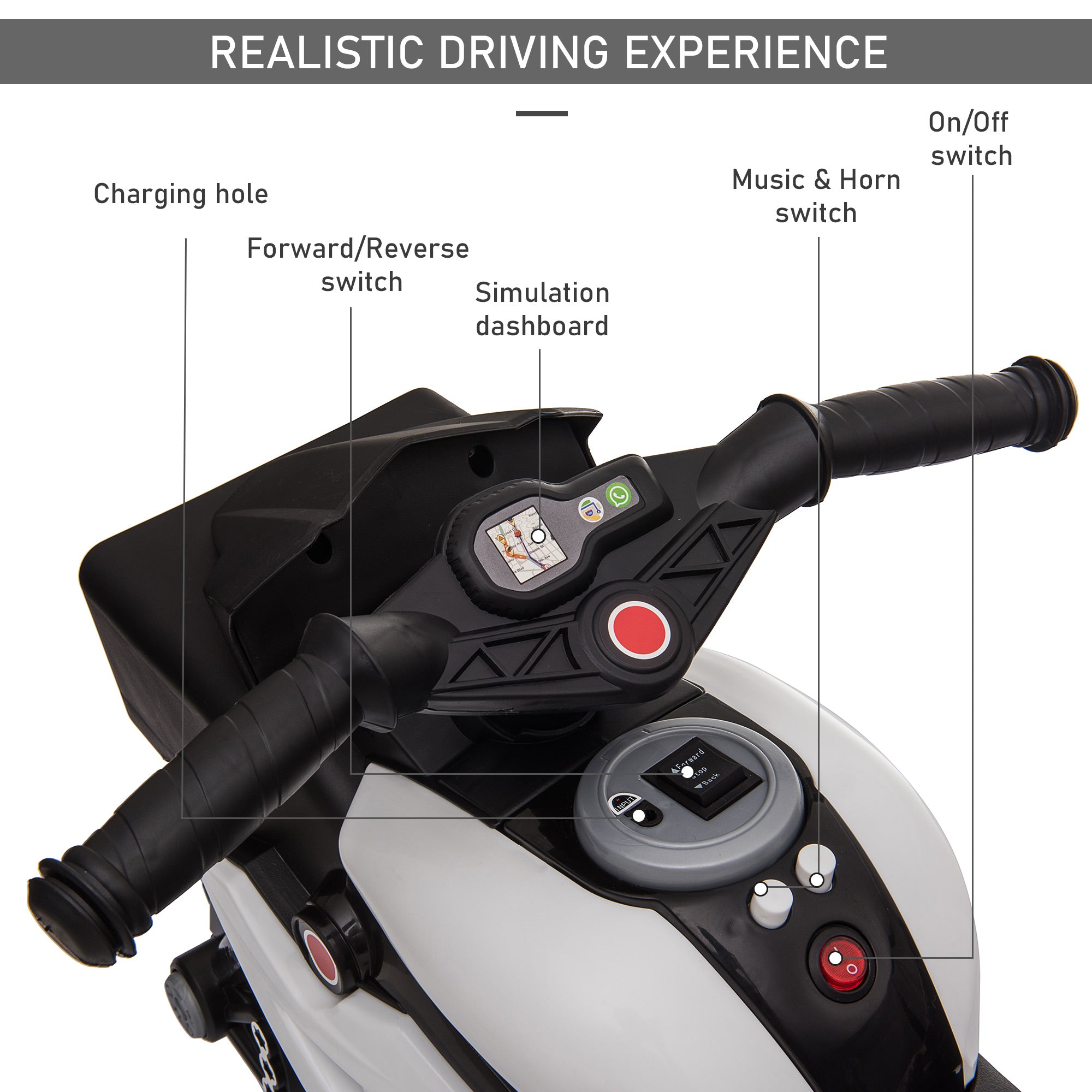 6V Kids Motorcycle Toddler Ride-on Toy, High-Traction Battery-Operated Mini Electric Motorbike with Forward/Reverse Switch, Music, Headlights, Horn, White