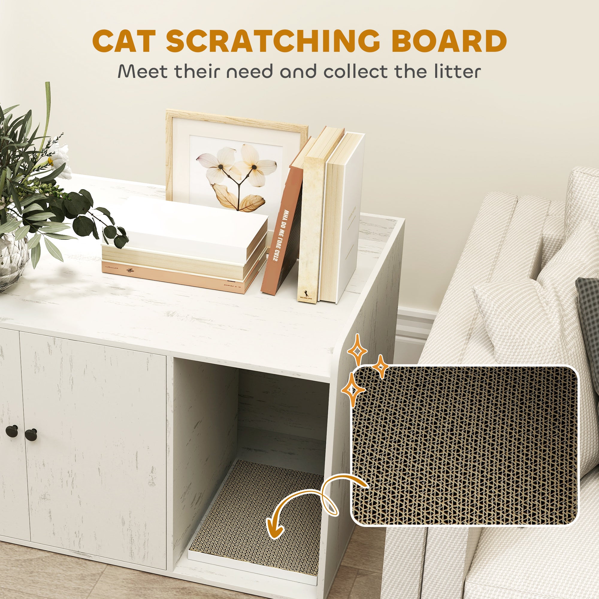 32" Cat Litter Box Enclosure with Scratching Mat, Cat Entrance, Fit Most of Cat and Litter Box, Distressed White - White - Image 6