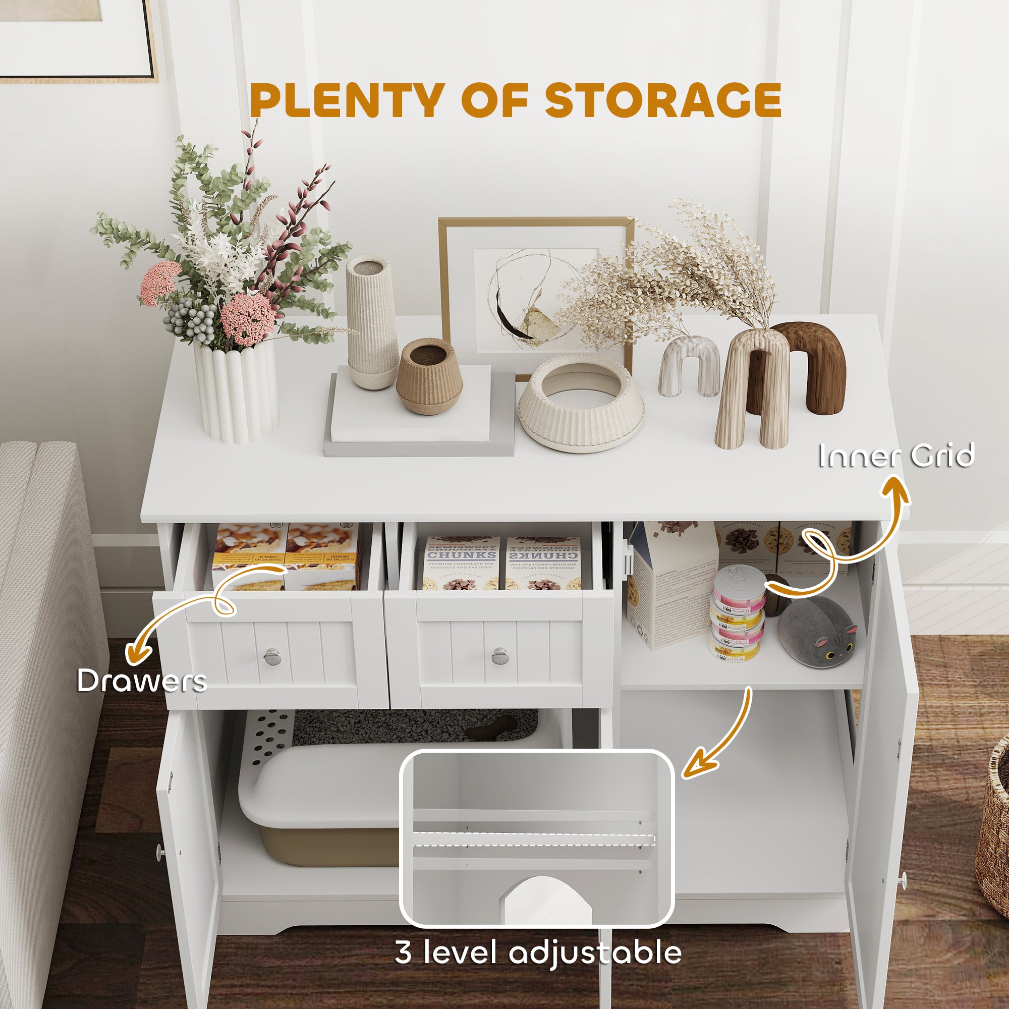 Cat Litter Box Enclosure with Drawers, Storage, Anti-tip Kit, 39" x 18" x 31.5", White - White - Image 6