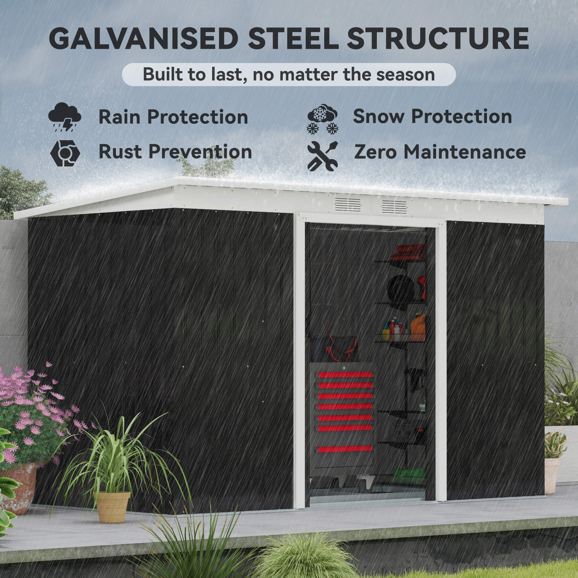 9' x 4' Metal Outdoor Storage Shed, Tool House with Double Lockable Doors for Backyard, Patio, Lawn, Garage, Dark Gray - Dark Gray - Image 4